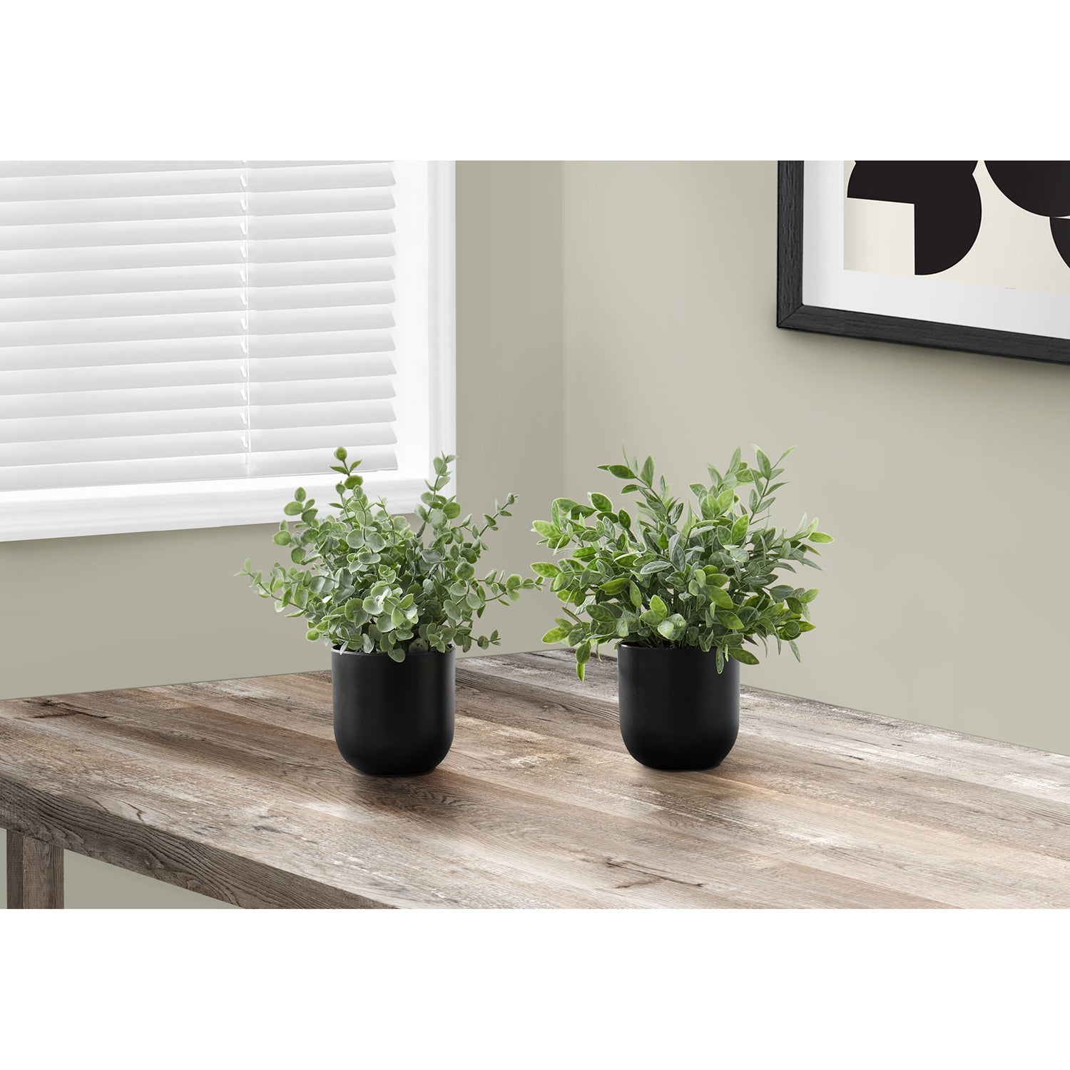 I 9580 - Plante Artificielle, 11" De Haut, Herbe D'eucalyptus, Intérieur, Faux, Faux, Tableau, Verdure, Mis En Pot, Lot De 2, Décoratif, Feuilles Vertes, Pots Noirs - Simple Boutique