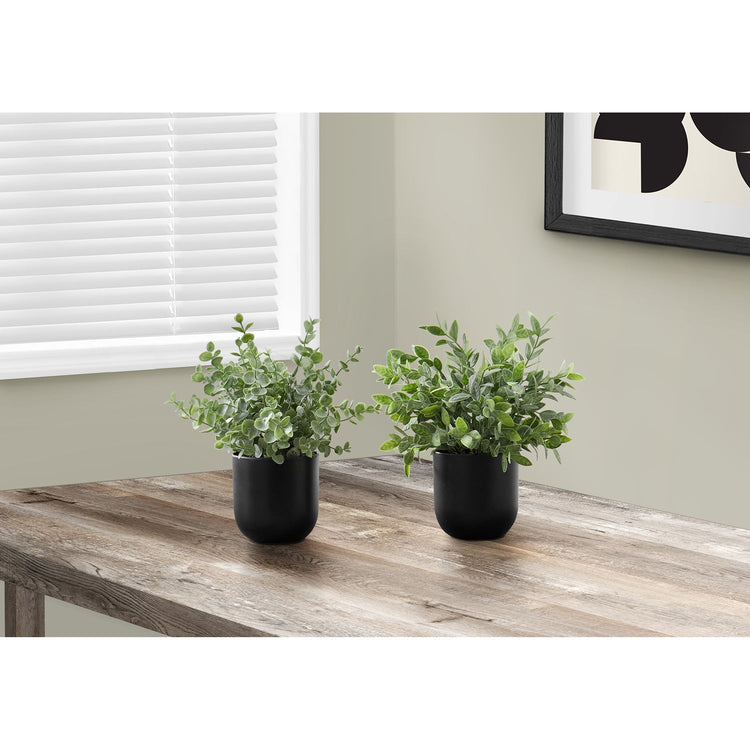 I 9580 - Plante Artificielle, 11" De Haut, Herbe D'eucalyptus, Intérieur, Faux, Faux, Tableau, Verdure, Mis En Pot, Lot De 2, Décoratif, Feuilles Vertes, Pots Noirs - Simple Boutique