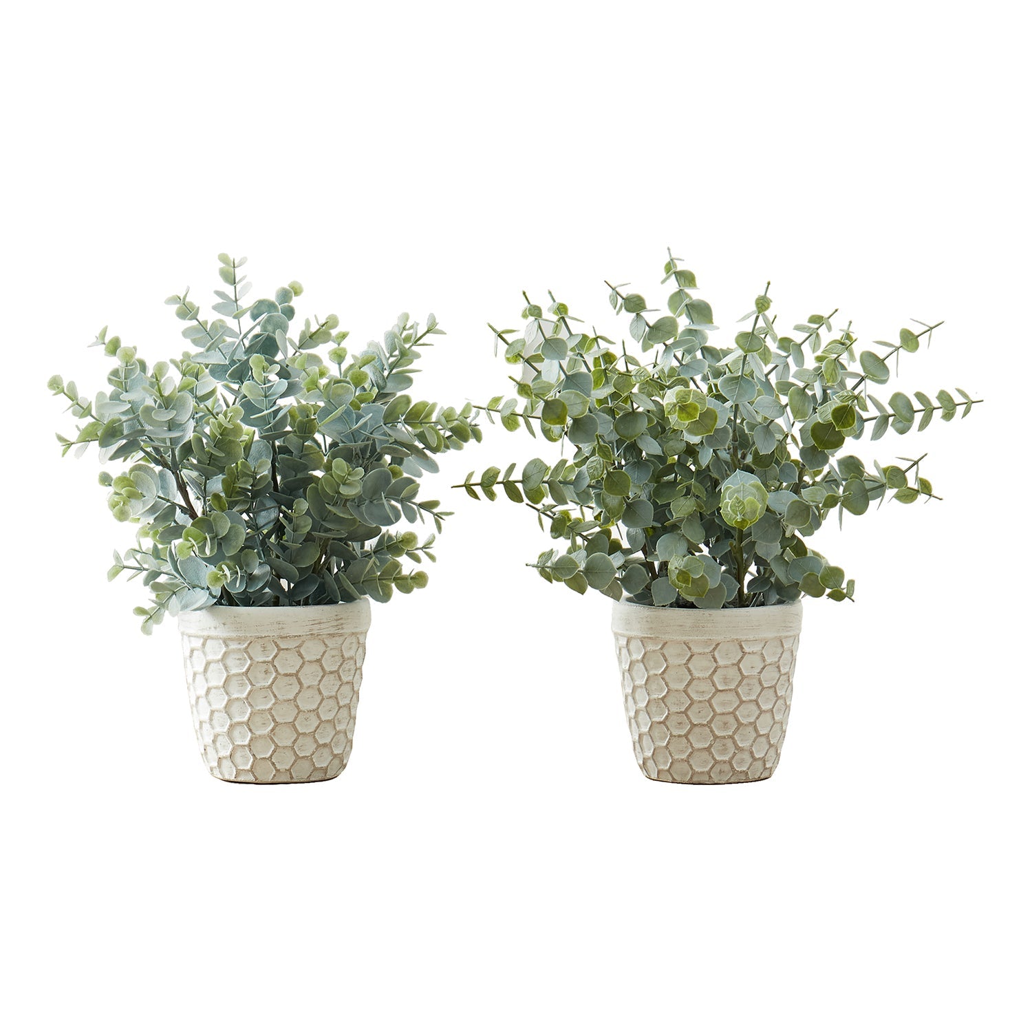 I 9581 - Plante Artificielle, 13" De Haut, Herbe D'eucalyptus, Intérieur, Faux, Faux, Tableau, Verdure, Mis En Pot, Lot De 2, Décoratif, Feuilles Vertes, Pots Blancs - Simple Boutique