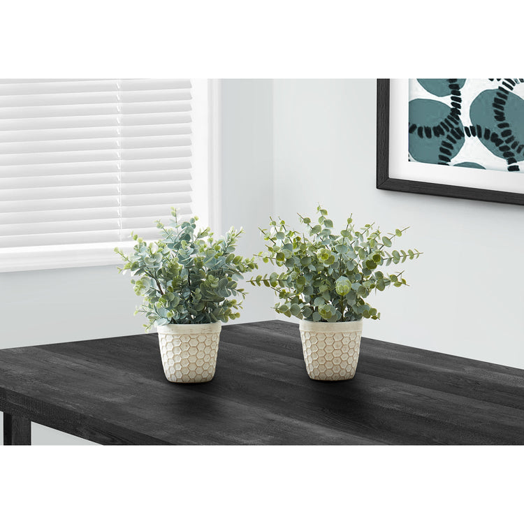 I 9581 - Plante Artificielle, 13" De Haut, Herbe D'eucalyptus, Intérieur, Faux, Faux, Tableau, Verdure, Mis En Pot, Lot De 2, Décoratif, Feuilles Vertes, Pots Blancs - Simple Boutique