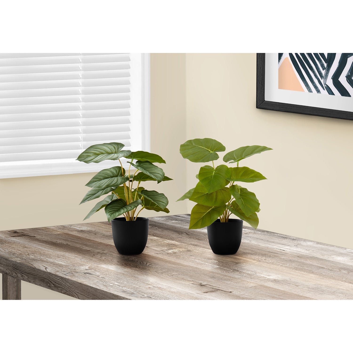 I 9583 - Plante Artificielle, 13" De Haut, Épipremnum, Intérieur, Faux, Faux, Tableau, Verdure, Mis En Pot, Lot De 2, Décoratif, Feuilles Vertes, Pots Noirs - Simple Boutique