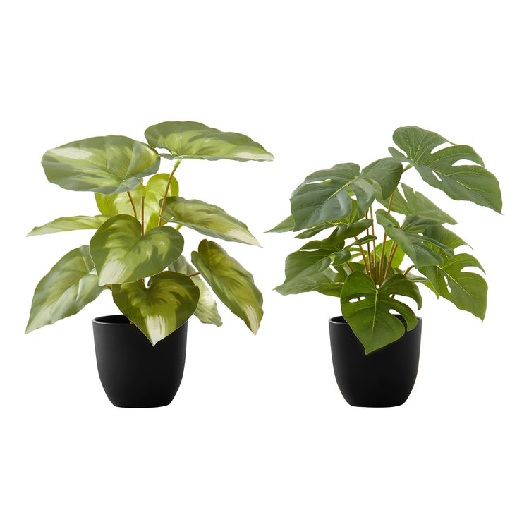I 9584 - Plante Artificielle, 13" De Haut, Monstera Calathea, Intérieur, Faux, Faux, Tableau, Verdure, Mis En Pot, Lot De 2, Décoratif, Feuilles Vertes, Pots Noirs - Simple Boutique