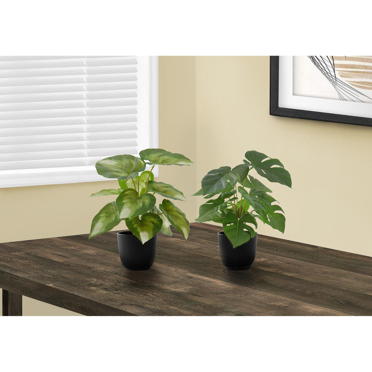 I 9584 - Plante Artificielle, 13" De Haut, Monstera Calathea, Intérieur, Faux, Faux, Tableau, Verdure, Mis En Pot, Lot De 2, Décoratif, Feuilles Vertes, Pots Noirs - Simple Boutique