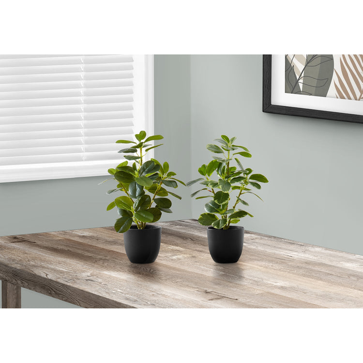 I 9585 - Plante Artificielle, 14" De Haut, Ficus, Intérieur, Faux, Faux, Tableau, Verdure, Mis En Pot, Lot De 2, Décoratif, Feuilles Vertes, Pots Noirs - Simple Boutique