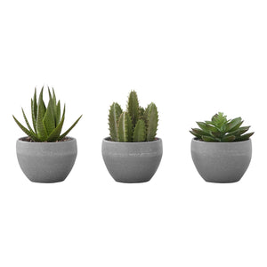I 9587 - Plante Artificielle, 6" De Haut, Succulent, Intérieur, Faux, Faux, Tableau, Verdure, Mis En Pot, Lot De 3, Décoratif, Plantes Vertes, Poterie De Ciment Gris - Simple Boutique