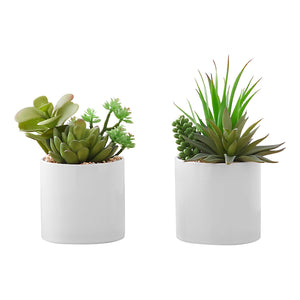 I 9588 - Plante Artificielle, 7" De Haut, Succulent, Intérieur, Faux, Faux, Tableau, Verdure, Mis En Pot, Lot De 2, Décoratif, Plantes Vertes, Pots Céramiques Blancs - Simple Boutique