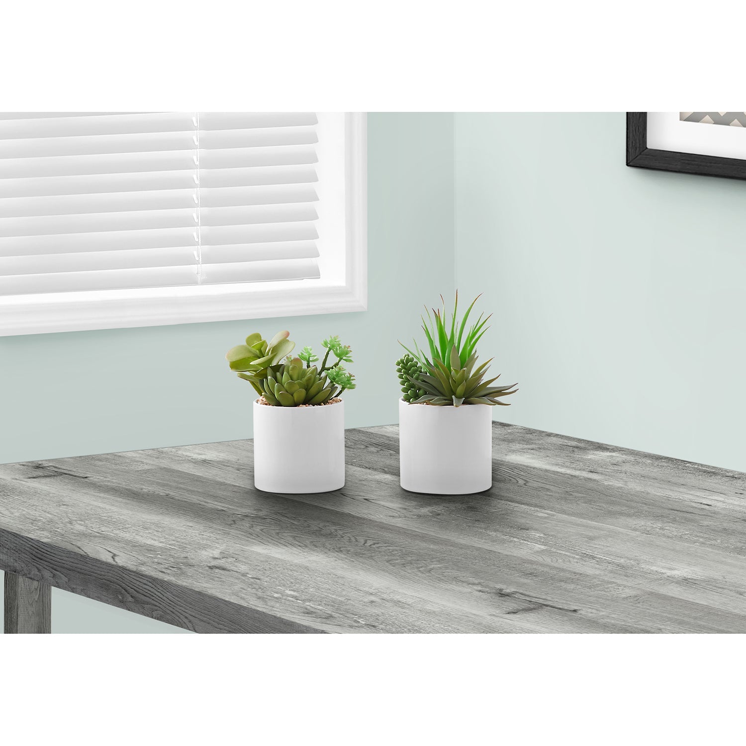 I 9588 - Plante Artificielle, 7" De Haut, Succulent, Intérieur, Faux, Faux, Tableau, Verdure, Mis En Pot, Lot De 2, Décoratif, Plantes Vertes, Pots Céramiques Blancs - Simple Boutique