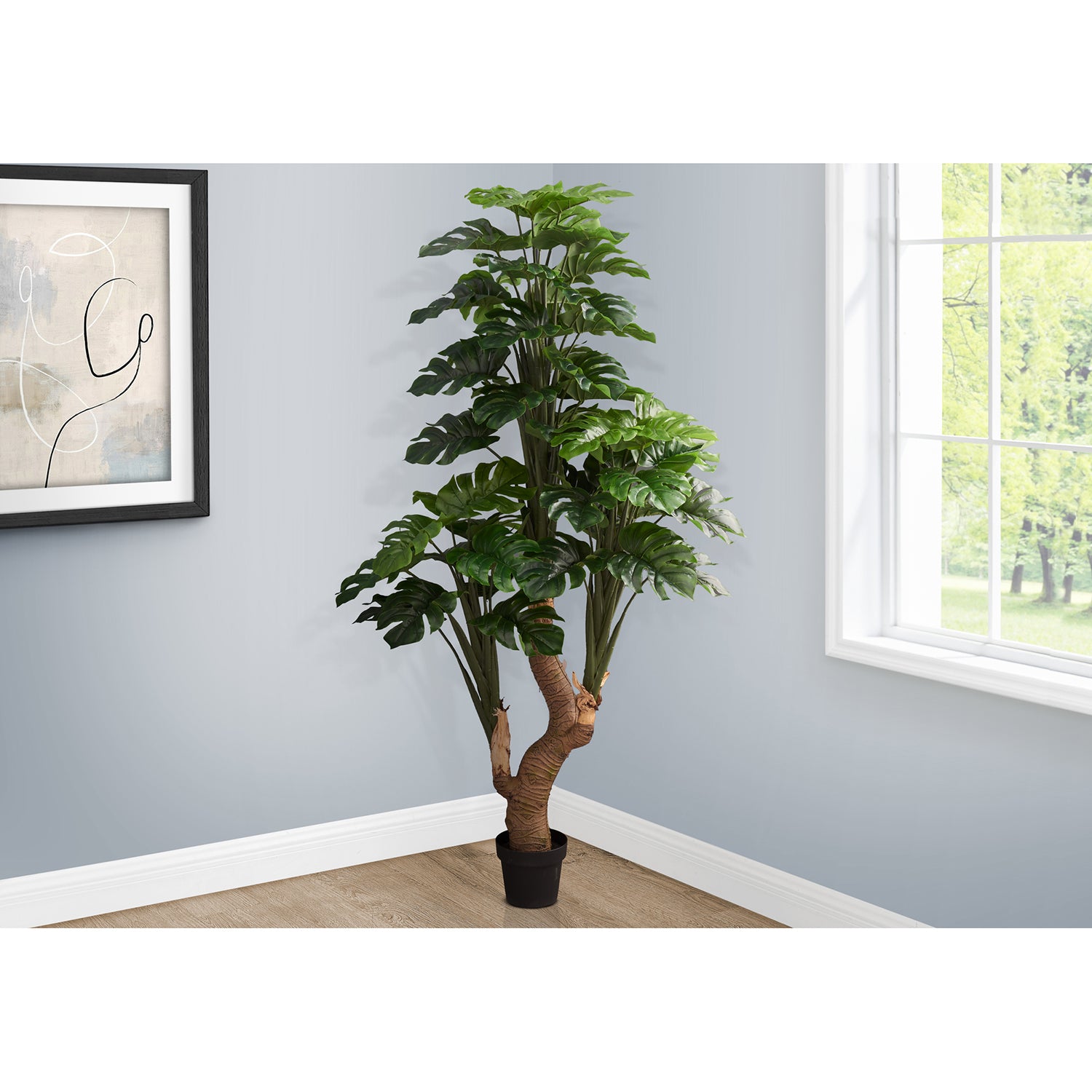 I 9596 - Plante Artificielle, 83" De Hauteur, Arbre Monstera, Mis En Pot, Touche Réelle, Feuilles Vertes, Pot Noir - Simple Boutique