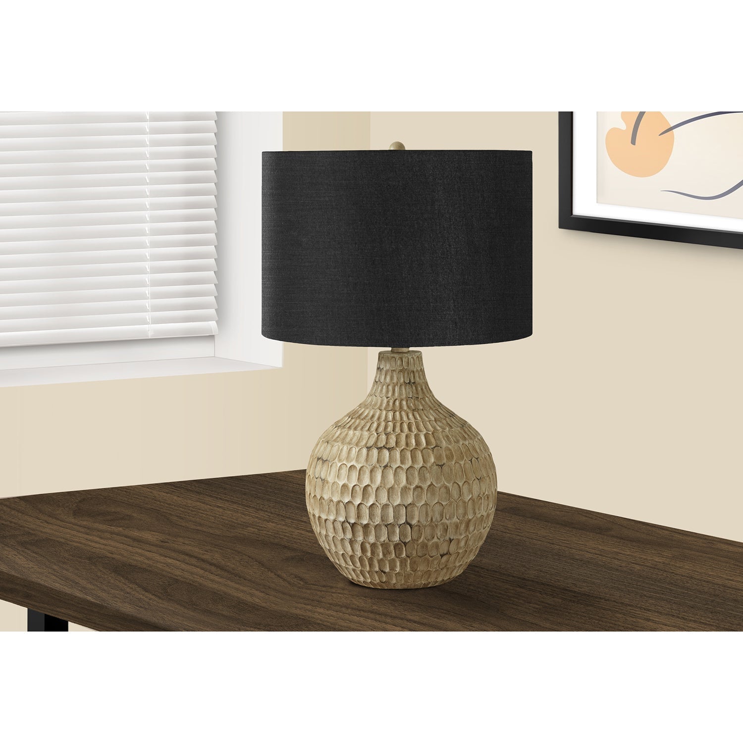 I 9606 - Luminaire, 25"H, Lampe De Table, Abat-jour Noir, Pied En Résine Marron, Contemporain - Simple Boutique