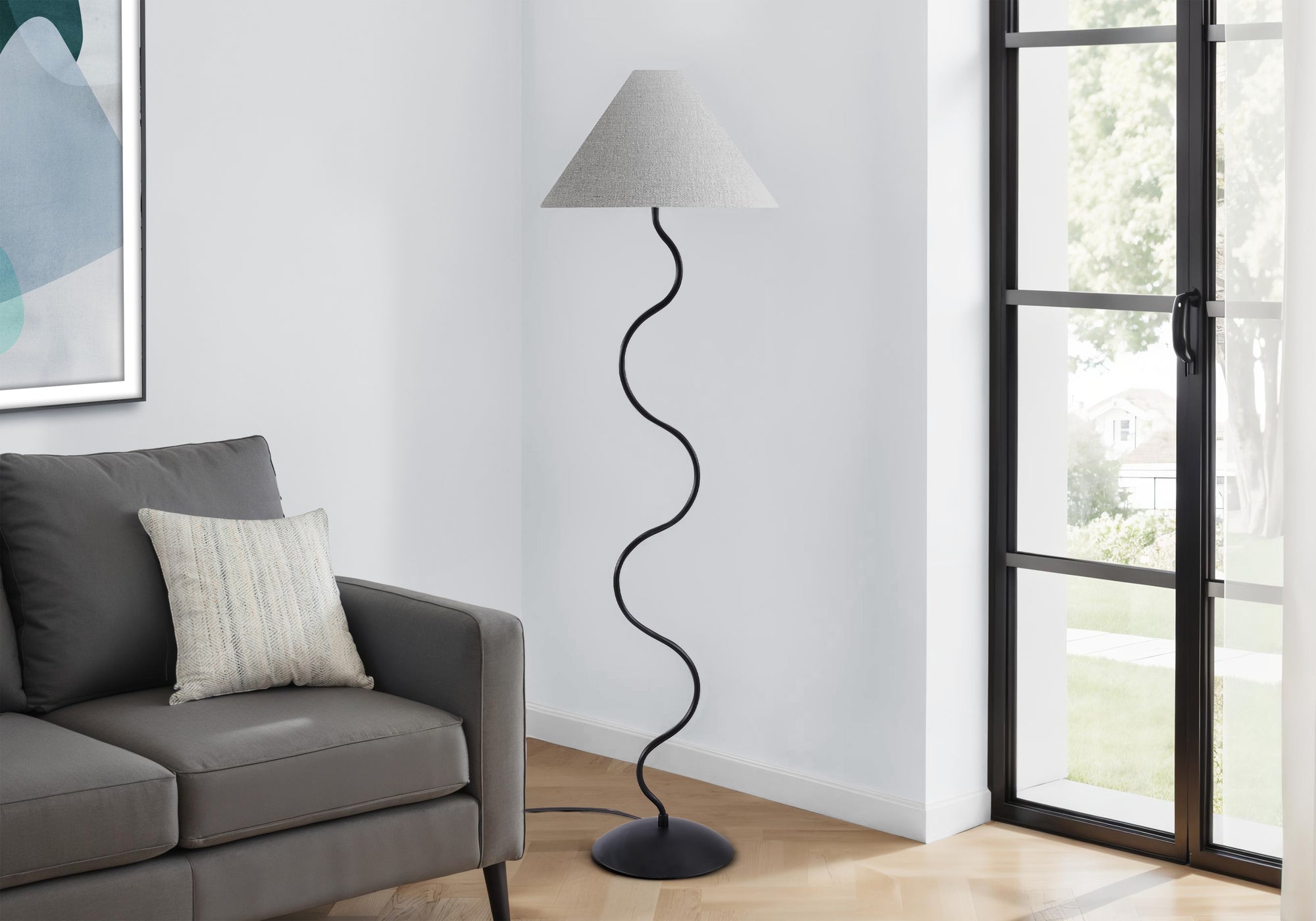 I 9627 - Luminaire, 64''H, Lampadaire, Métal Noir, Abat-jour Ivoire / Crème, Contemporain - Simple Boutique