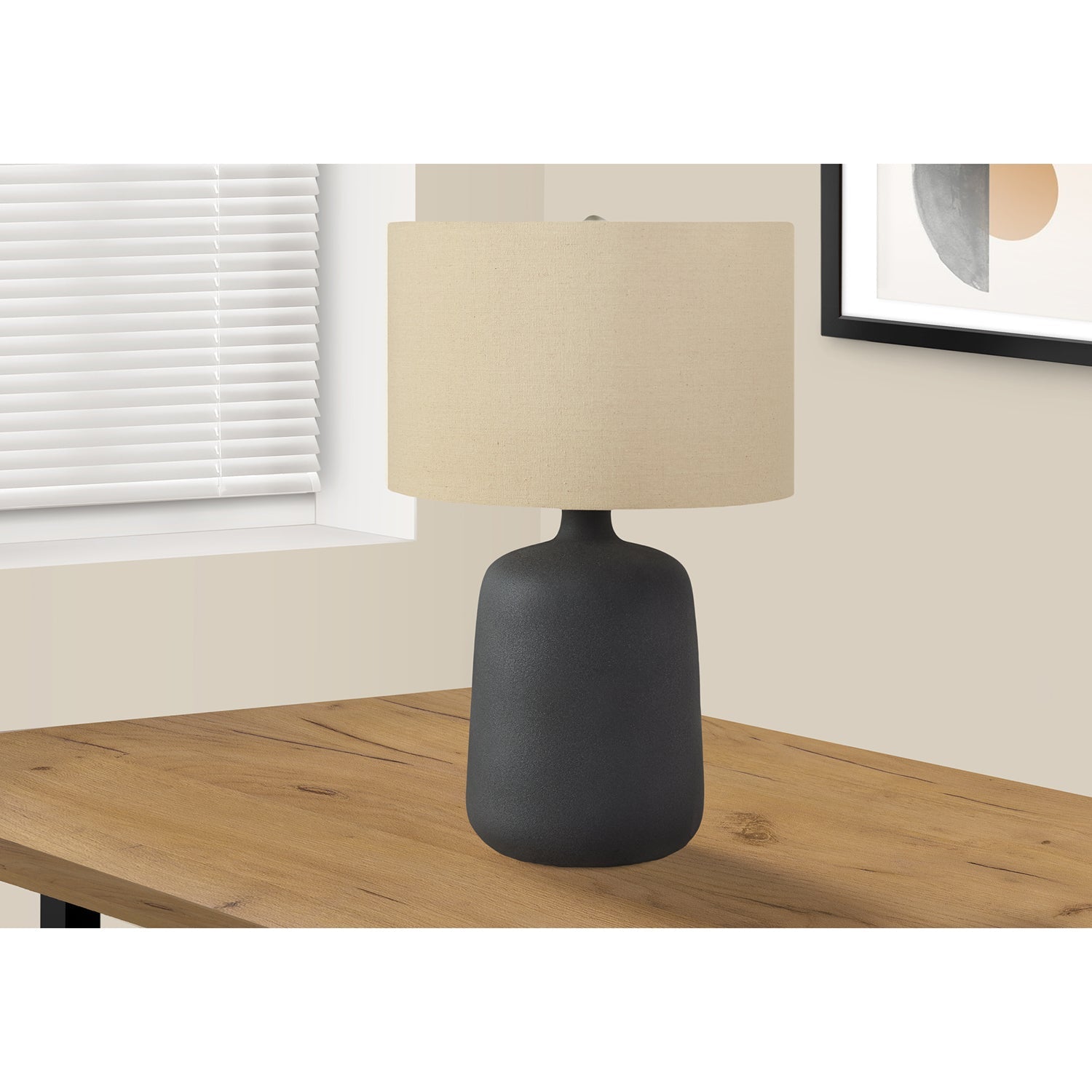 I 9635 - Luminaire, 24"H, Lampe De Table, Céramique Noire, Abat-jour Beige, Contemporain - Simple Boutique