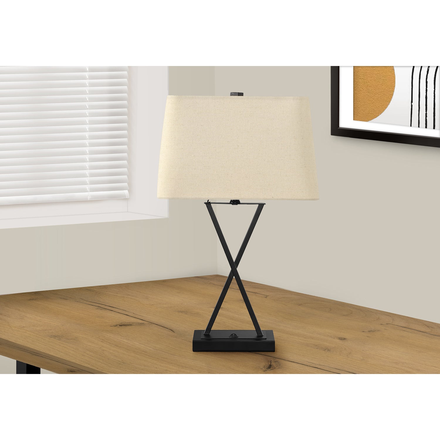 I 9638 - Luminaire, 25"H, Lampe De Table, Port Usb Inclus, Métal Noir, Abat-jour Beige., Transitionnel - Simple Boutique