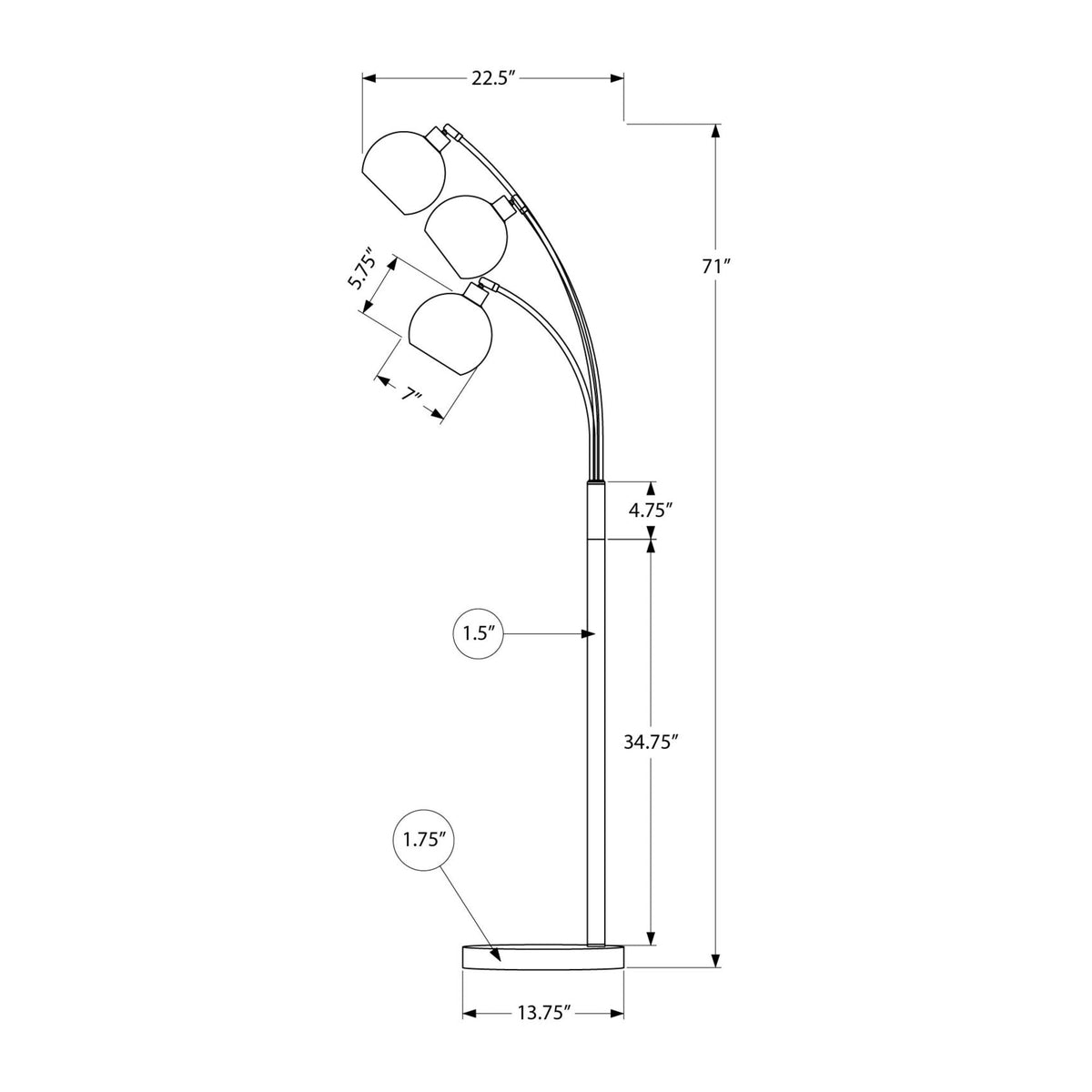 Monarch Specialties I 9648 - Luminaire, 71''H, Lampadaire, Métal Noir, Contemporain - Simple Boutique