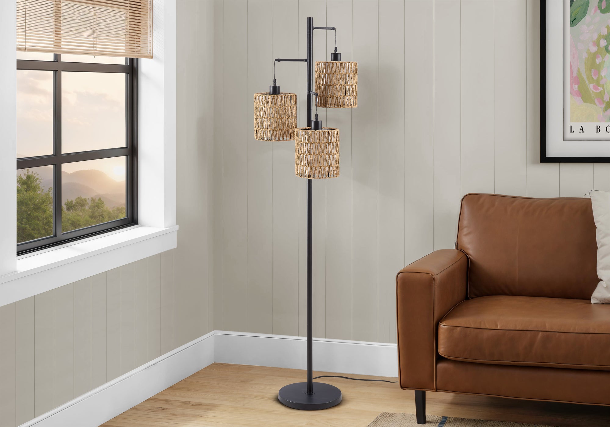 I 9651 - Luminaire, 73''H, Lampadaire, Corde Naturelle, Métal Noir, Moderne - Simple Boutique