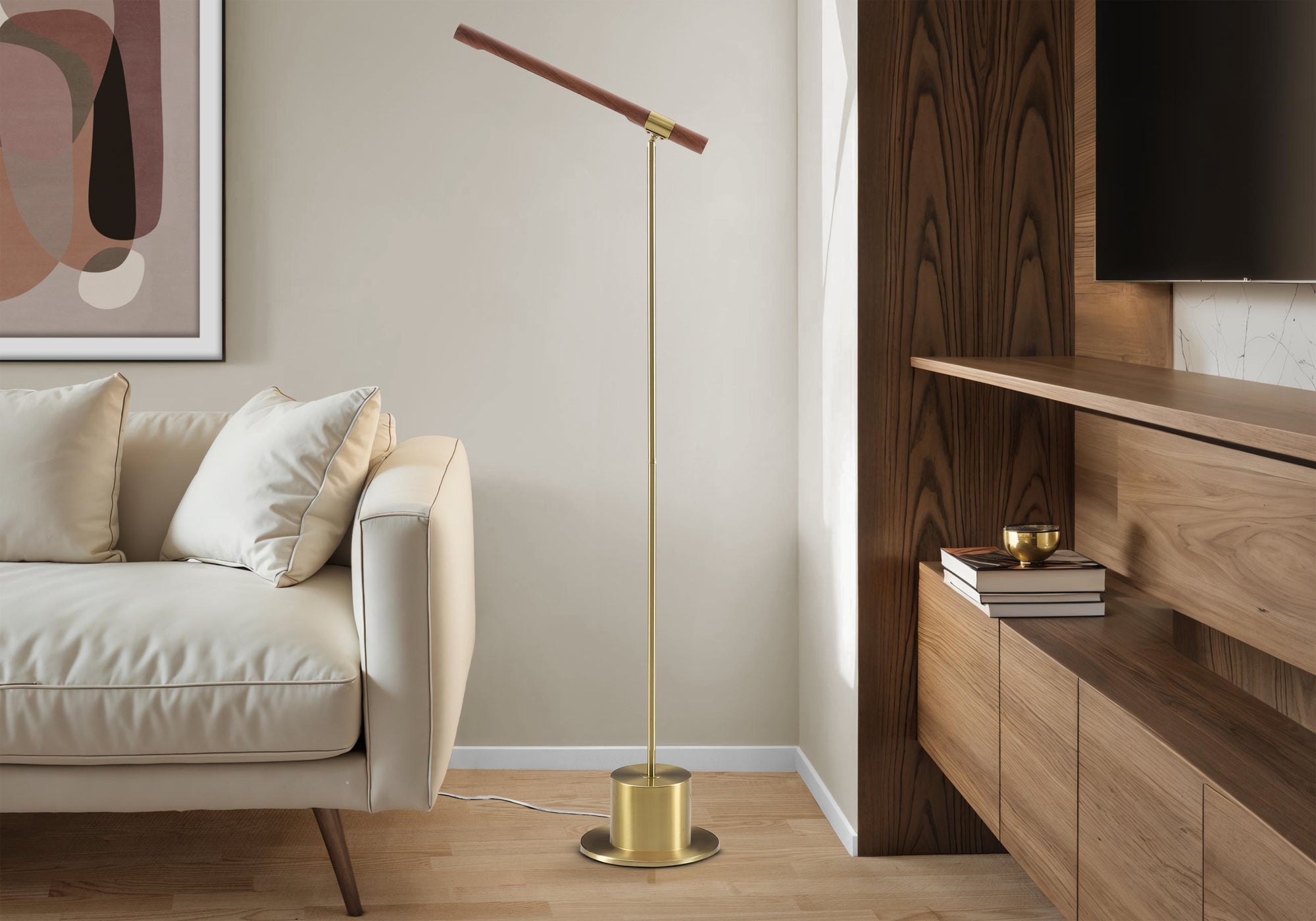 I 9652 - Luminaire, 65''H, Lampadaire, Métal En Laiton, Abat-jour Aspect Bois, Contemporain - Simple Boutique