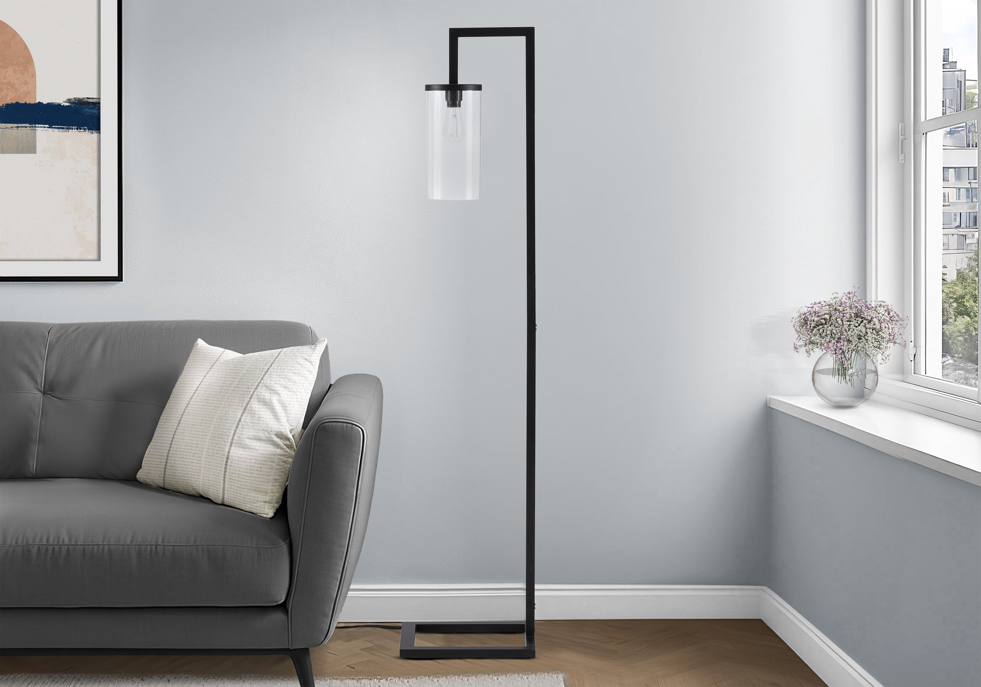 I 9656 - Luminaire, 68''H, Lampadaire, Métal Noir, Abat-jour En Verre, Contemporain - Simple Boutique