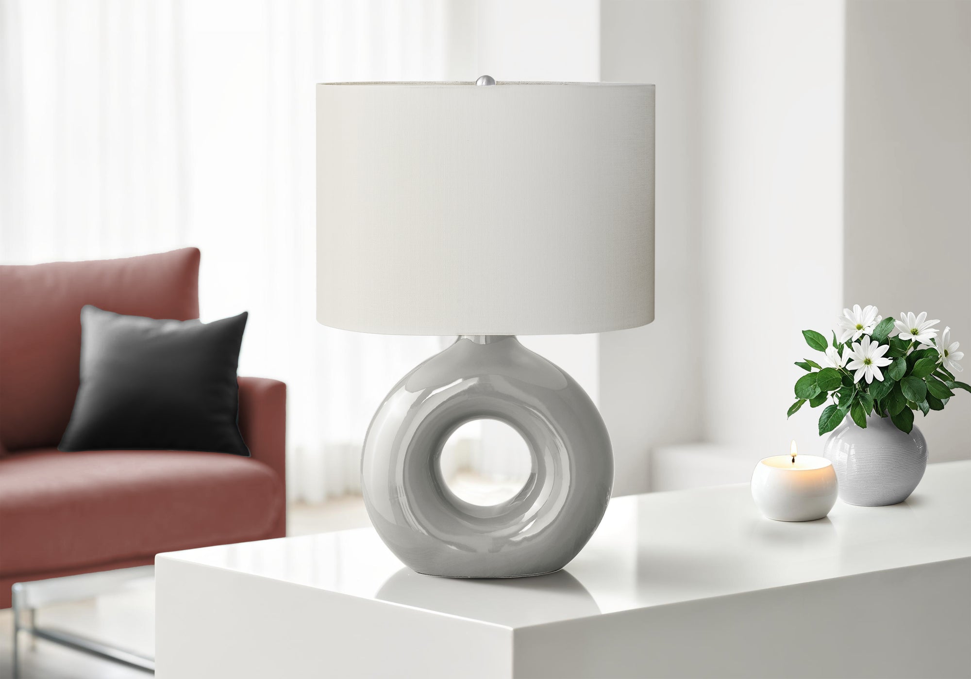 I 9668 - Luminaire, 24''H, Lampe De Table, Céramique Gris, Abat-jour Ivoire / Crème, Contemporain, Moderne - Simple Boutique