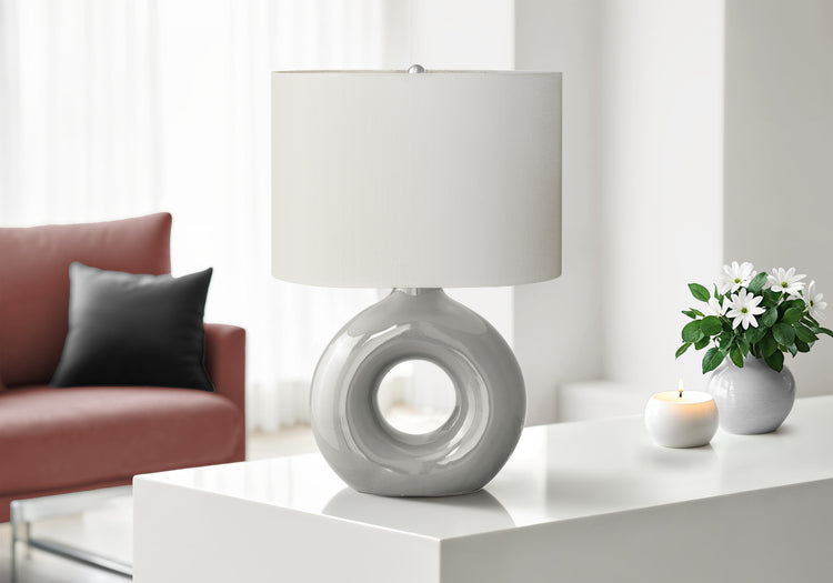 I 9668 - Luminaire, 24''H, Lampe De Table, Céramique Gris, Abat-jour Ivoire / Crème, Contemporain, Moderne - Simple Boutique
