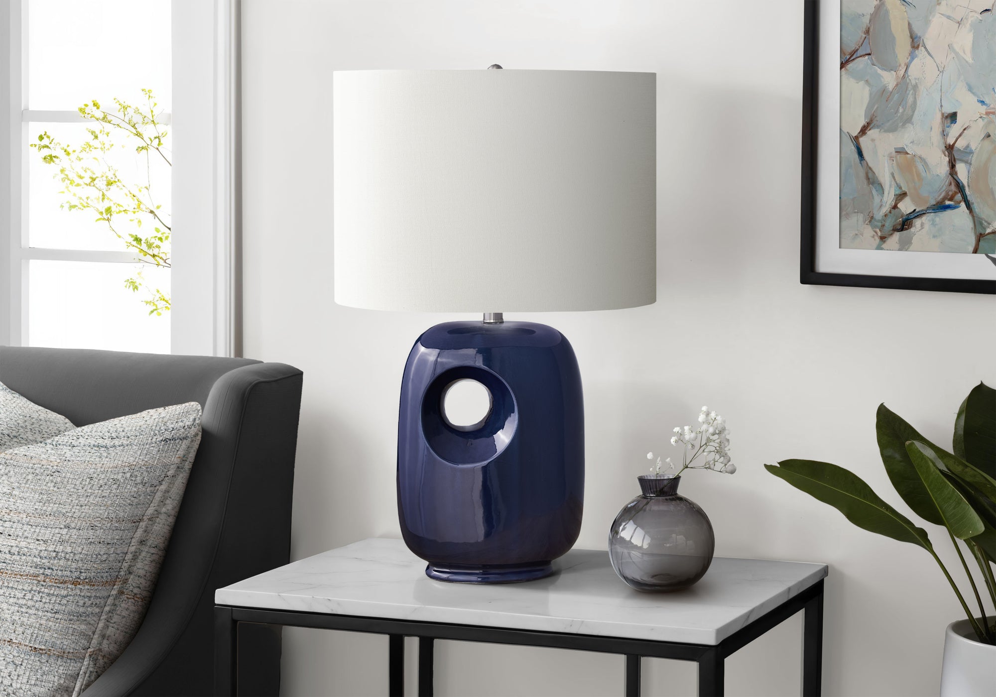 I 9677 - Luminaire, 26''H, Lampe De Table, Céramique Bleue, Abat-jour Ivoire / Crème, Contemporain, Moderne - Simple Boutique