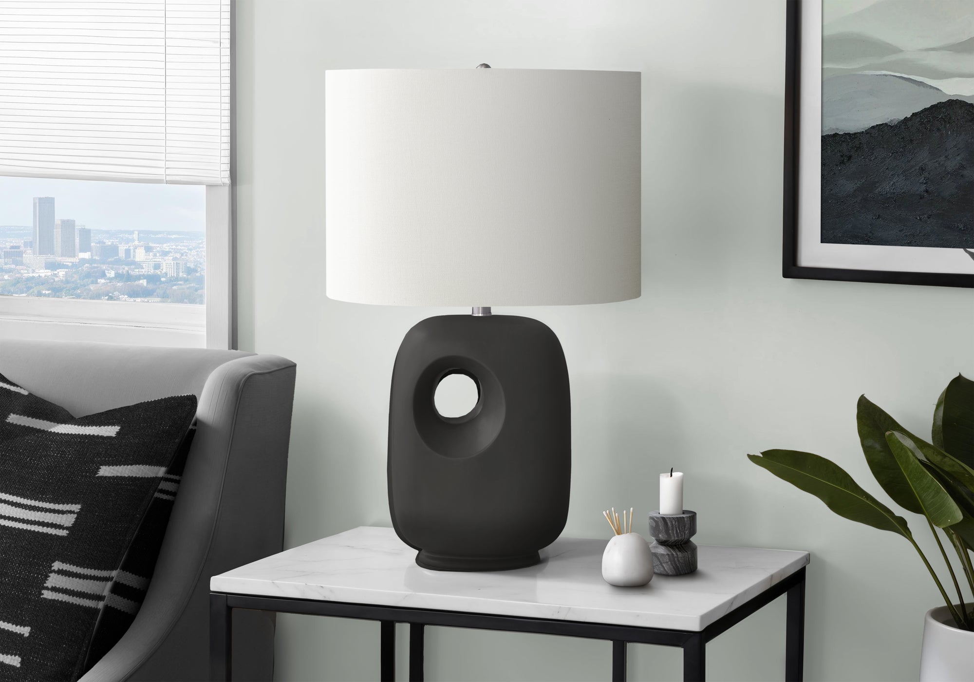 I 9680 - Luminaire, 26''H, Lampe De Table, Céramique Noire, Abat-jour Ivoire / Crème, Contemporain, Moderne - Simple Boutique