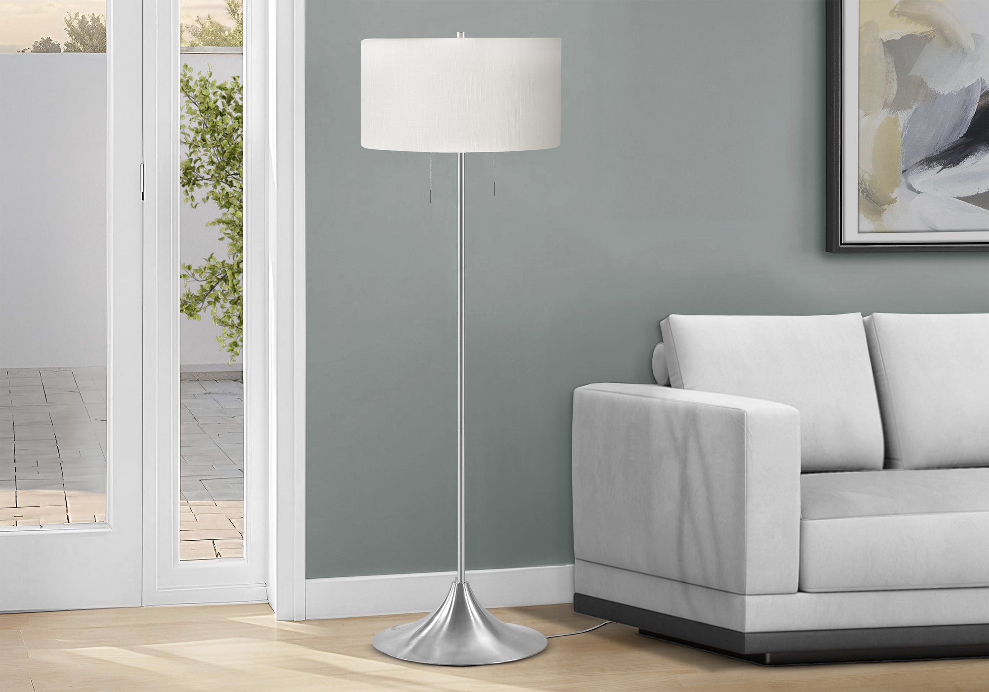 I 9681 - Luminaire, 61''H, Lampadaire, Métal Argenté, Abat-jour Ivoire / Crème, Contemporain - Simple Boutique