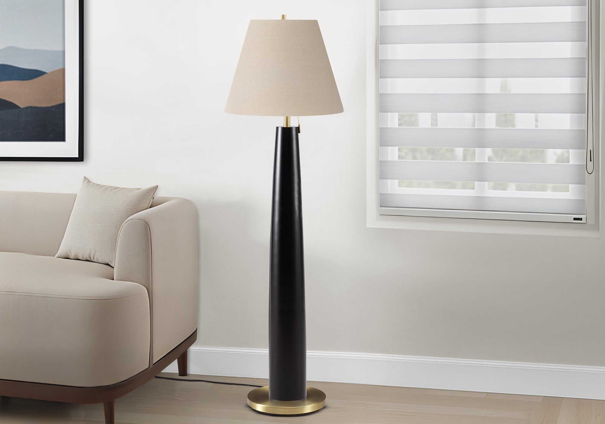 I 9683 - Luminaire, 62''H, Lampadaire, Métal Noir, Abat-jour Beige, Contemporain - Simple Boutique
