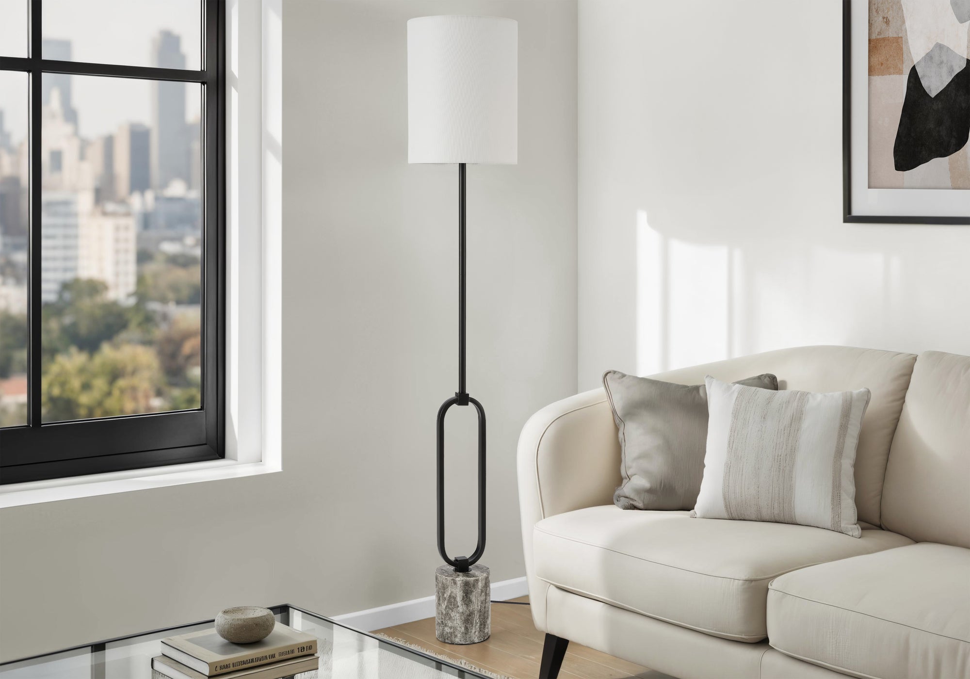 I 9686 - Luminaire, 64''H, Lampadaire, Métal Noir, Abat-jour Ivoire / Crème, Contemporain - Simple Boutique