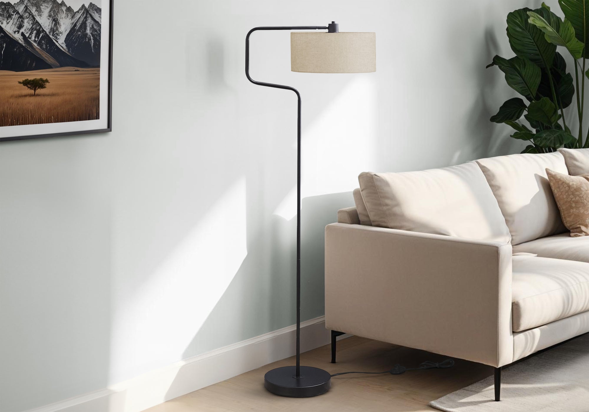 I 9690 - Luminaire, 61''H, Lampadaire, Métal Noir, Abat-jour Beige, Contemporain, Moderne - Simple Boutique