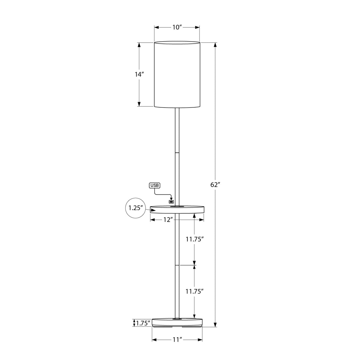Monarch Specialties I 9691 - Luminaire, 62''H, Lampadaire, Port Usb Inclus, Métal Noir, Marbre Blanc, Contemporain, Moderne - Simple Boutique