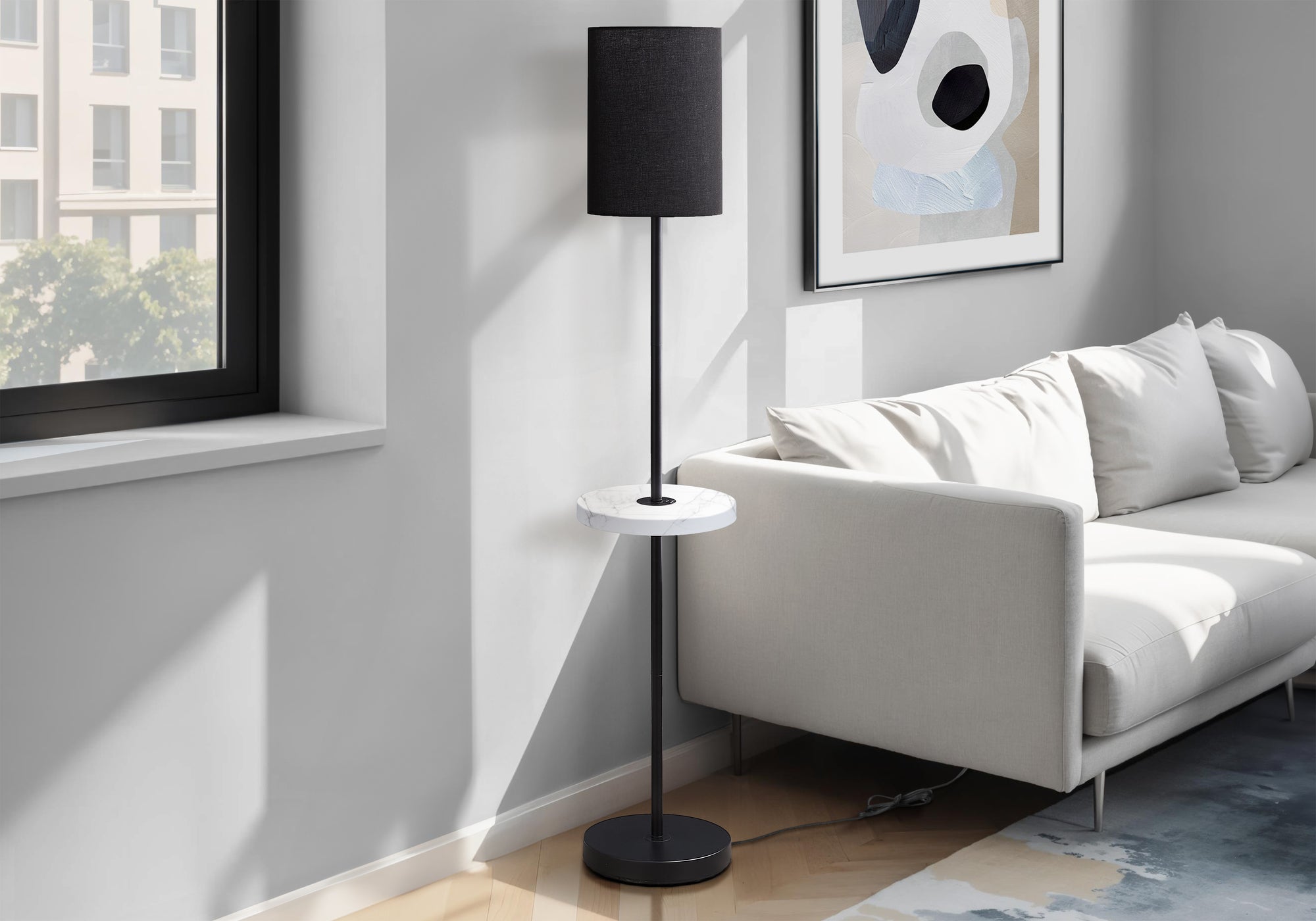 I 9691 - Luminaire, 62''H, Lampadaire, Port Usb Inclus, Métal Noir, Marbre Blanc, Contemporain, Moderne - Simple Boutique