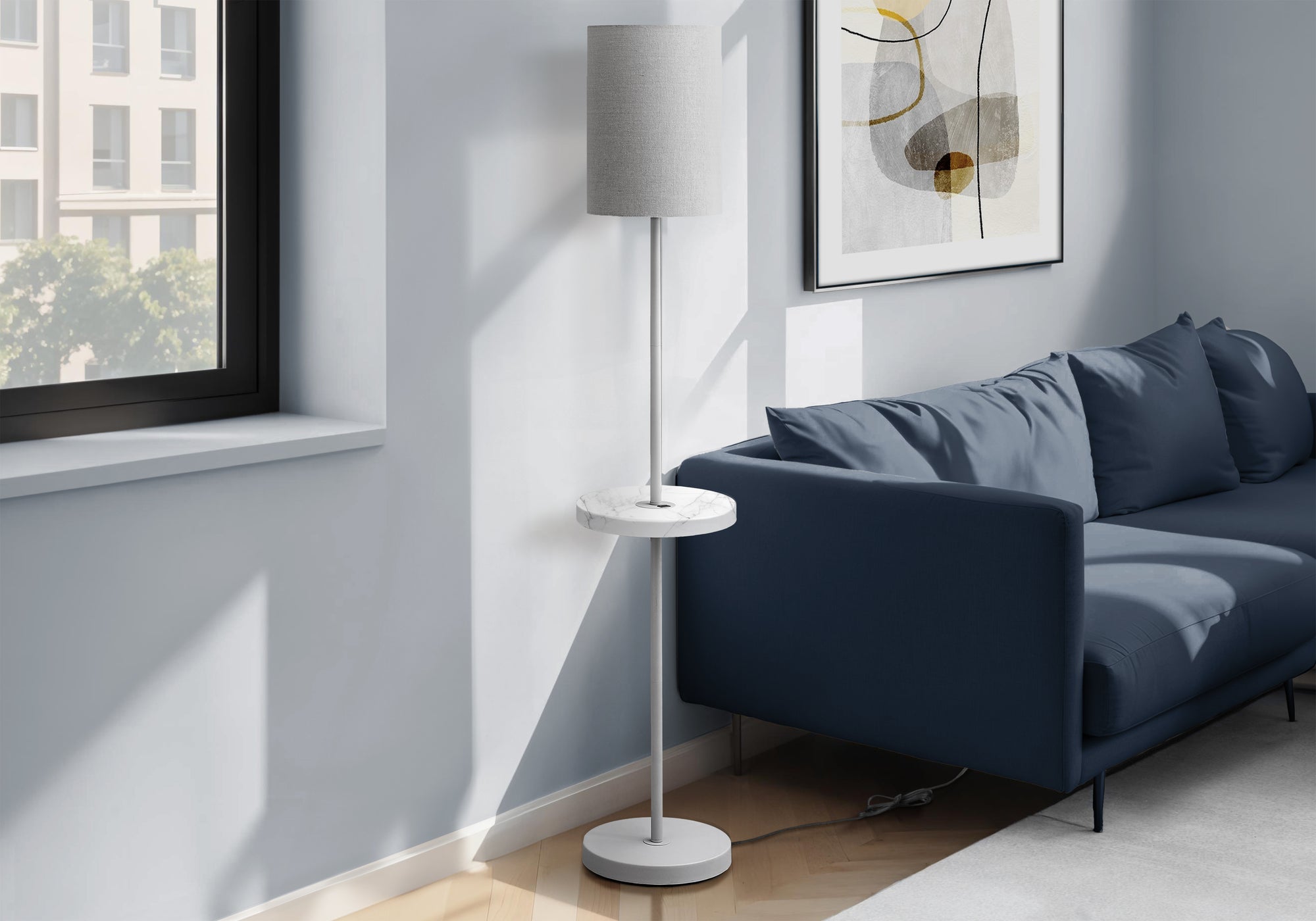 I 9692 - Luminaire, 62''H, Lampadaire, Port Usb Inclus, Métal Gris, Marbre Blanc, Contemporain, Moderne - Simple Boutique
