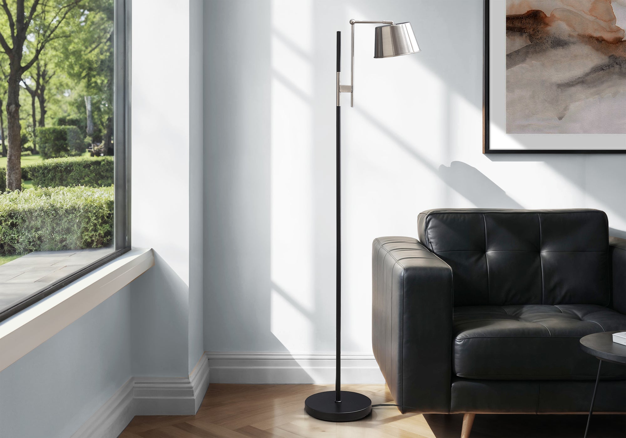 I 9693 - Luminaire, 65''H, Lampadaire, Métal Noir, Abat-jour En Nickel, Contemporain - Simple Boutique