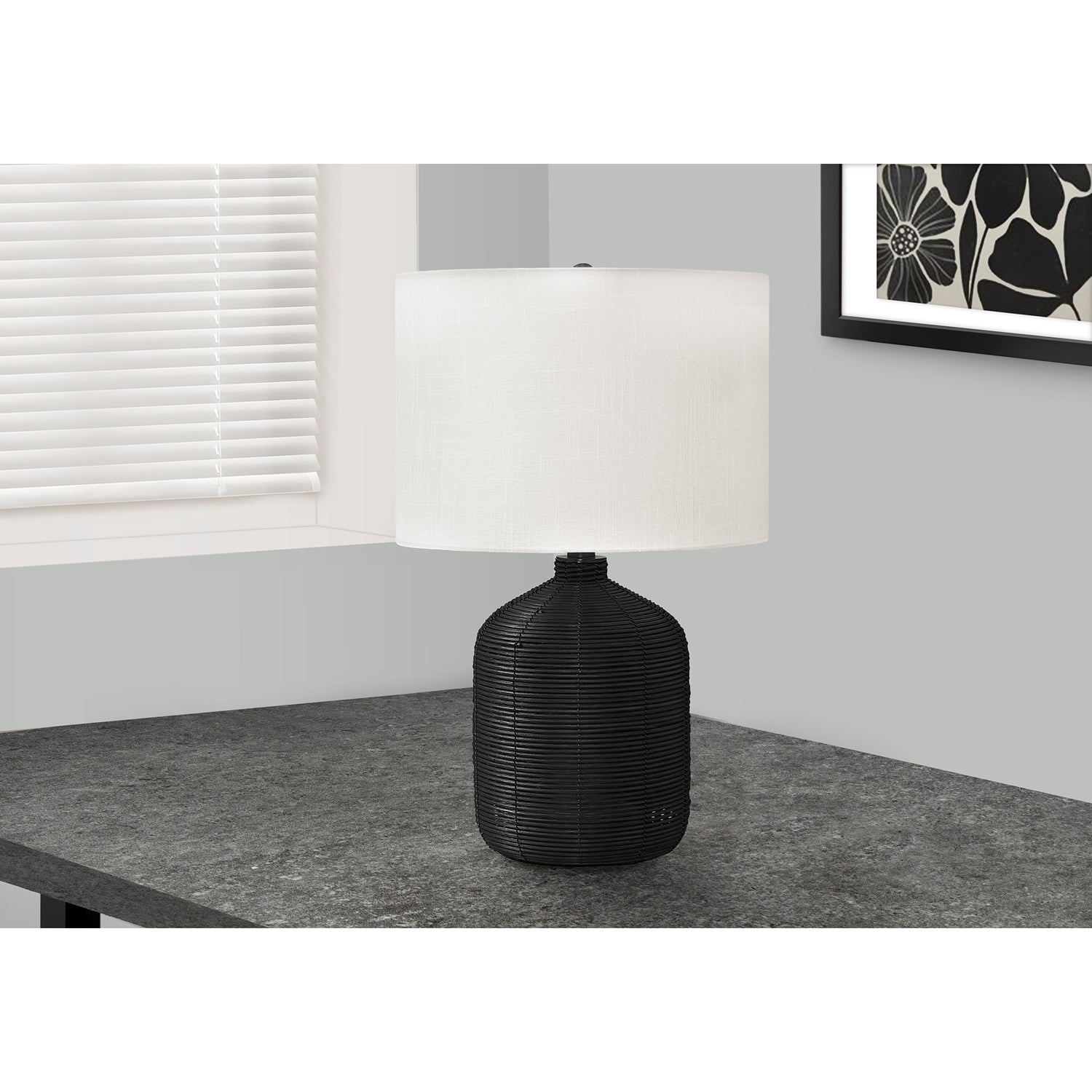 I 9734 - Luminaire, 23"H, Lampe De Table, Rotin Noir, Abat-jour Ivoire / Crème, Moderne - Simple Boutique