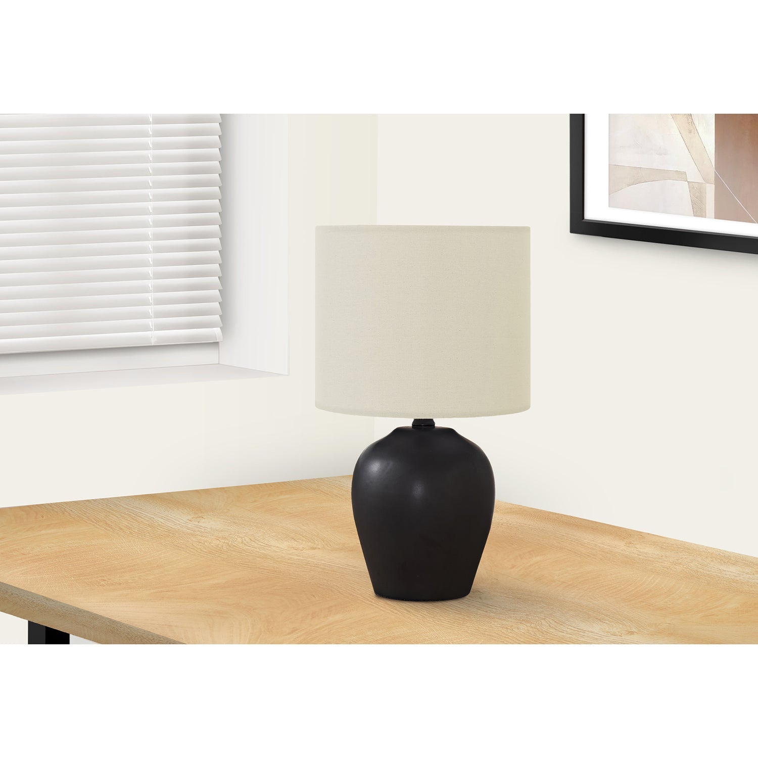 I 9738 - Luminaire, 17"H, Lampe De Table, Céramique Noire, Abat-jour Ivoire / Crème, Transitionnel - Simple Boutique