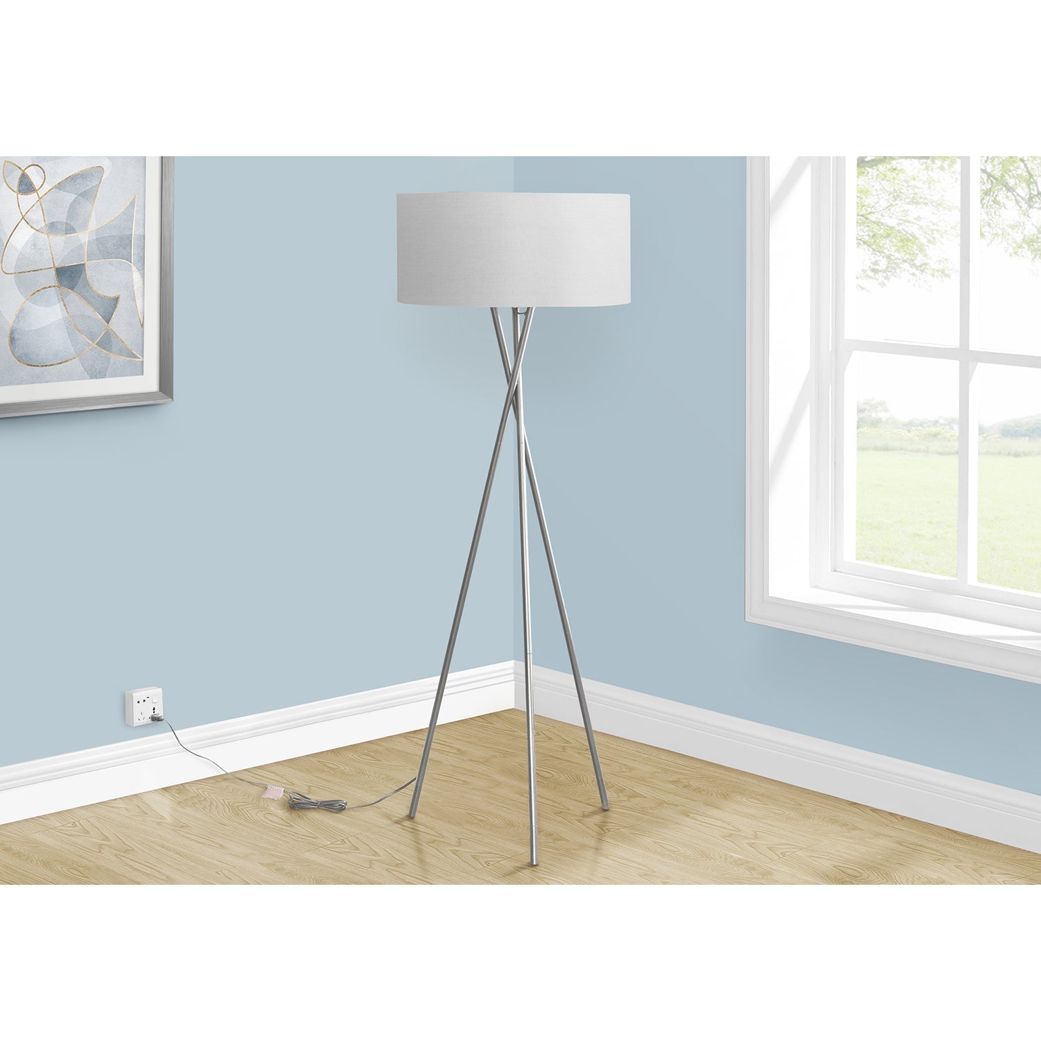 I 9757 - Luminaire, 62"H, Lampadaire, Métal Nickelé, Abat-jour Gris, Contemporain - Simple Boutique