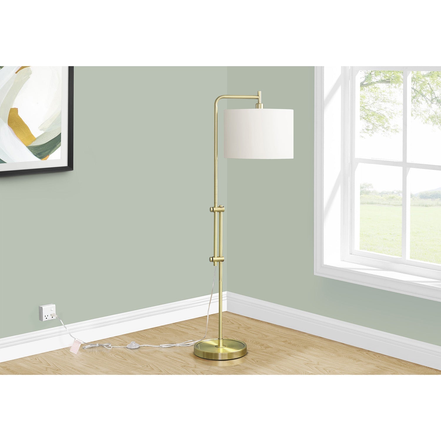I 9761 - Luminaire, 63"H, Lampadaire, Métal En Laiton, Abat-jour Ivoire / Crème, Contemporain - Simple Boutique