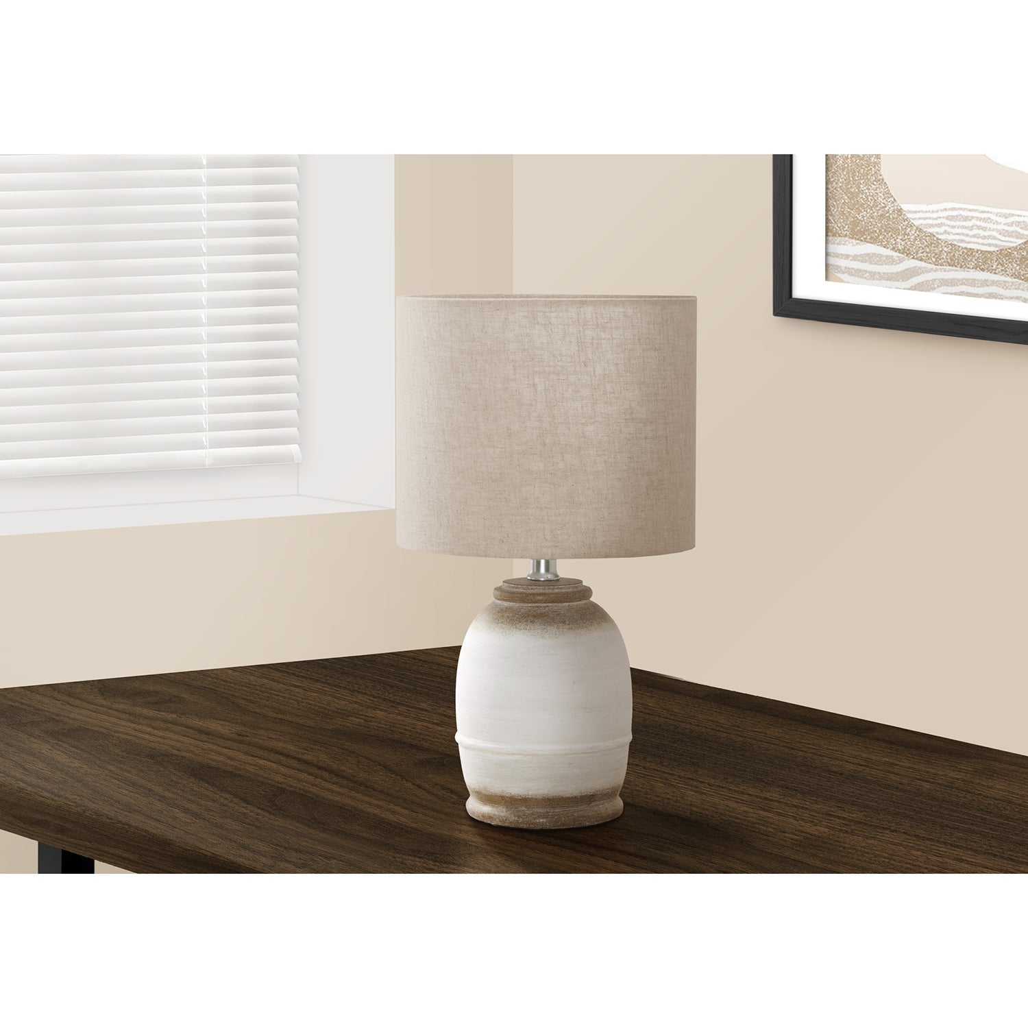 I 9765 - Luminaire, 16"H, Résine Crème, Abat-jour Beige, Contemporain - Simple Boutique