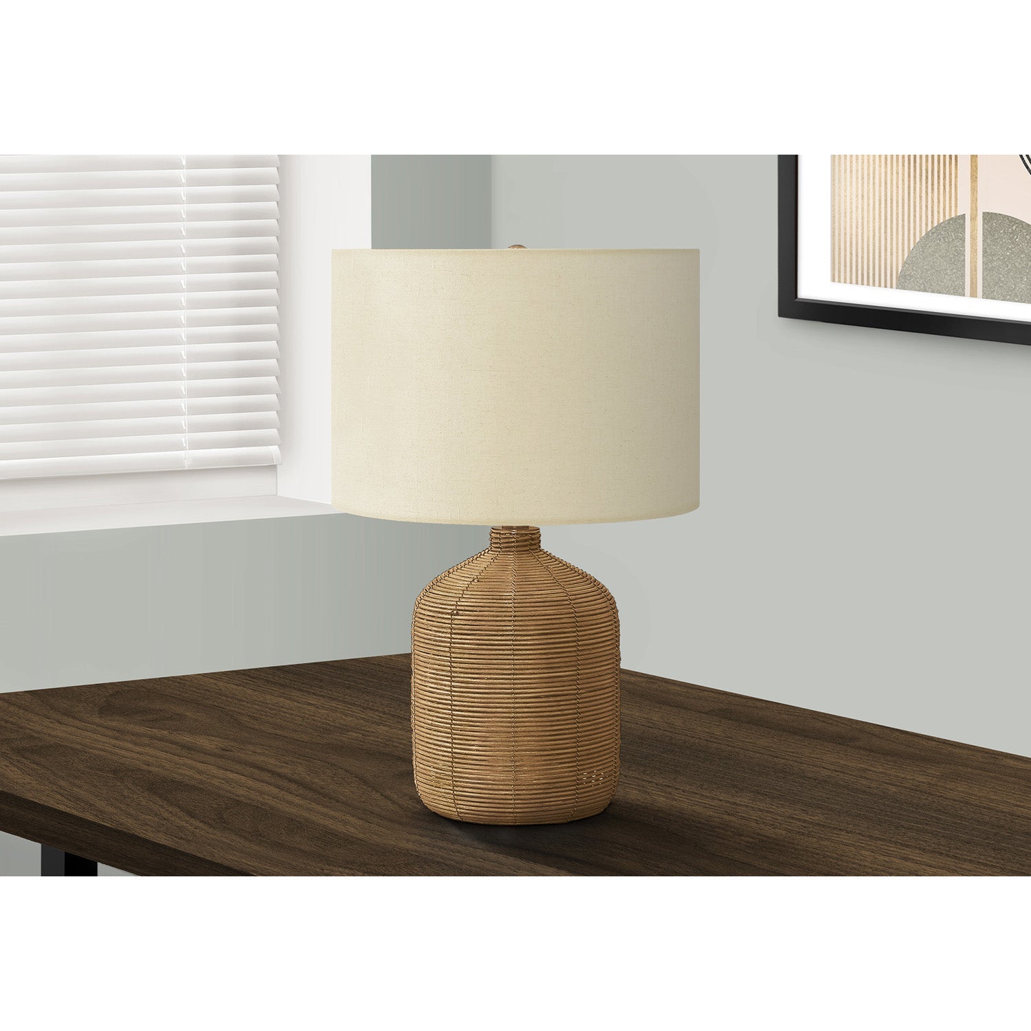 I 9769 - Luminaire, 23"H, Lampe De Table, Rotin Marron, Abat-jour Beige, Moderne - Simple Boutique
