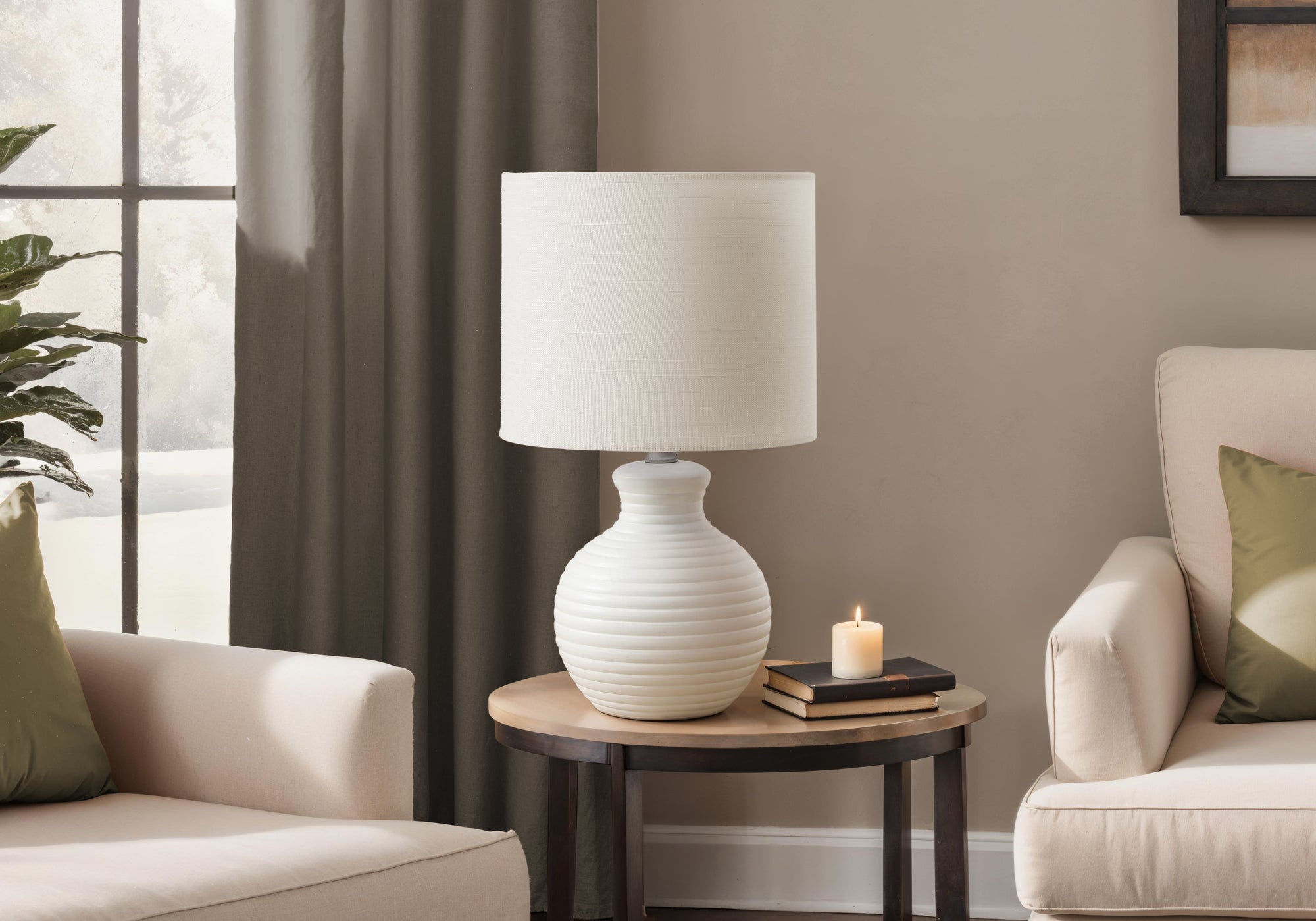 I 9777 - Luminaire, 16''H, Lampe De Table, Résine Blanche, Abat-jour Ivoire / Crème, Contemporain - Simple Boutique