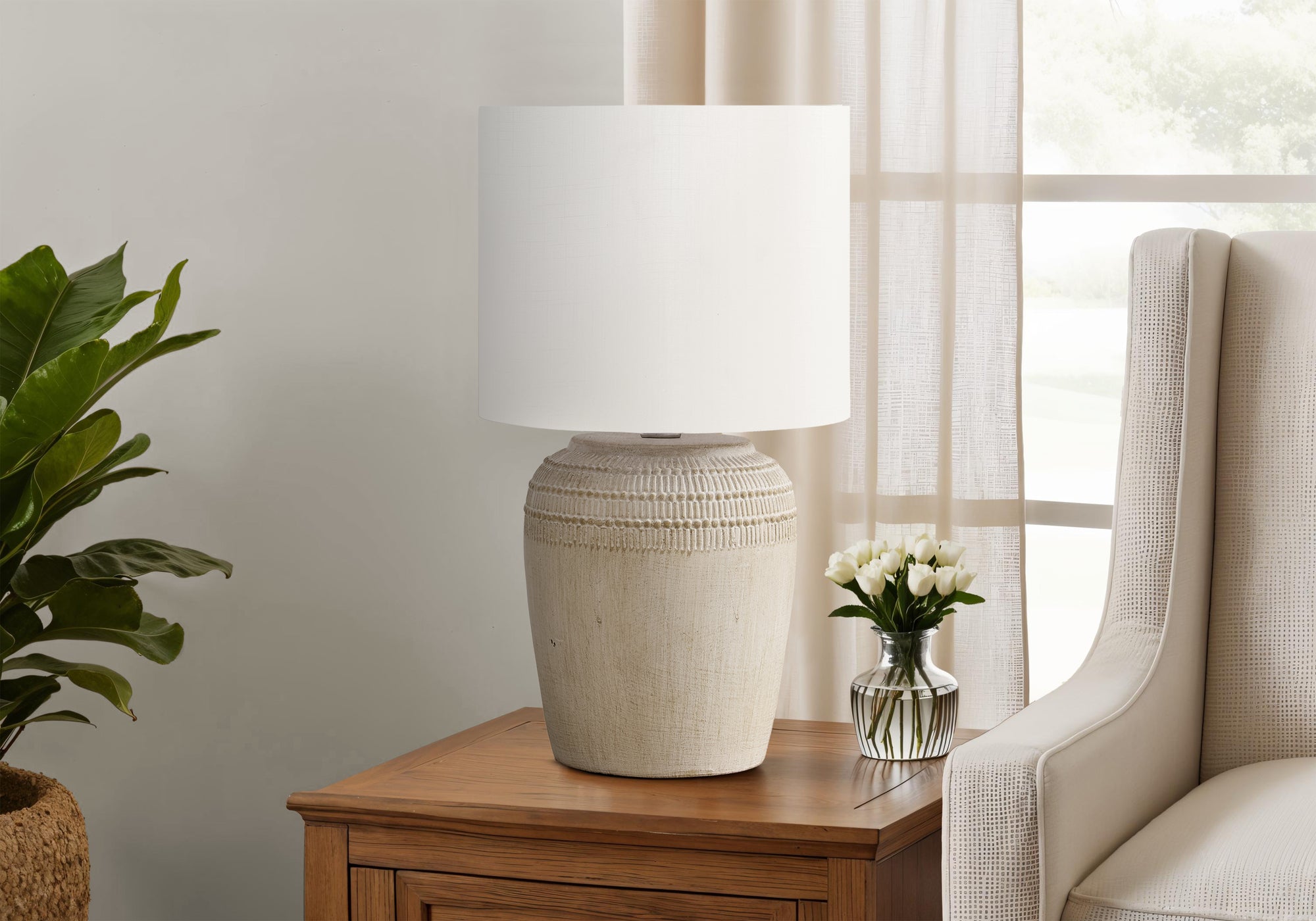 I 9779 - Luminaire, 17''H, Lampe De Table, Céramique Beige, Abat-jour Ivoire / Crème, Contemporain - Simple Boutique