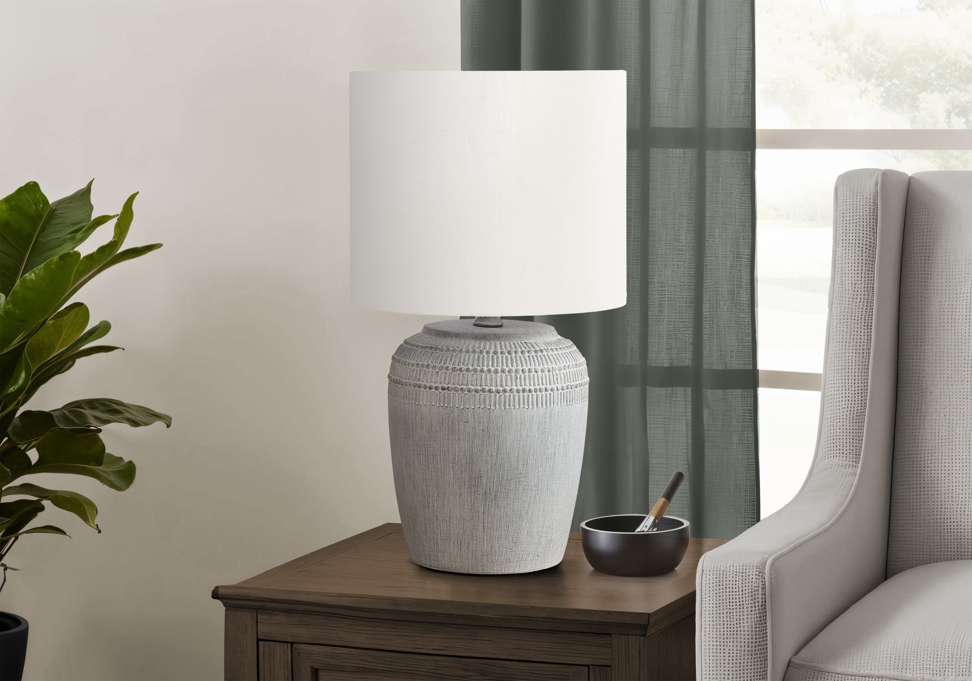 I 9780 - Luminaire, 17''H, Lampe De Table, Céramique Gris, Abat-jour Ivoire / Crème, Contemporain - Simple Boutique
