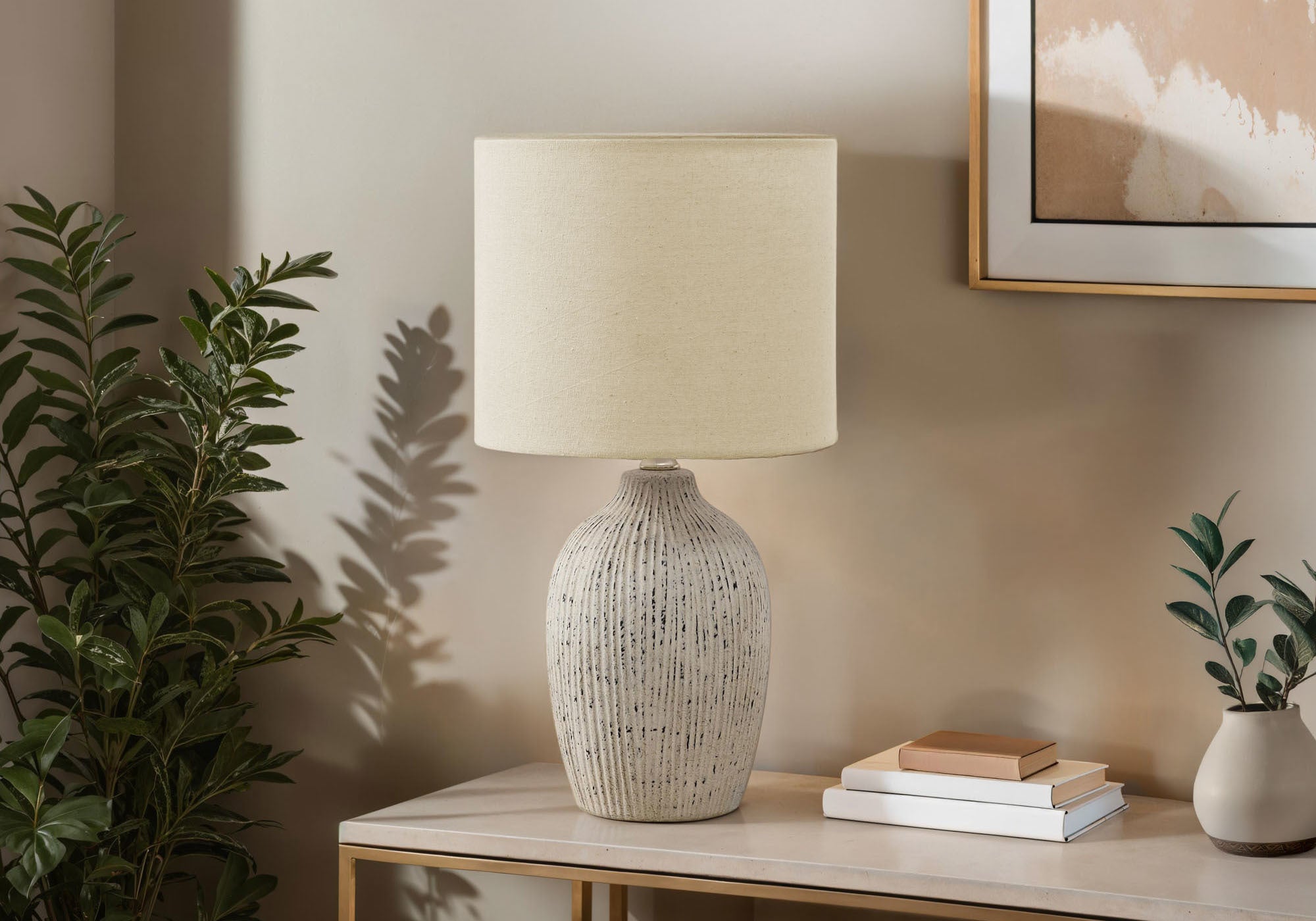I 9783 - Luminaire, Lampe De Table, 18''H, Céramique Beige, Abat-jour Beige, Contemporain - Simple Boutique
