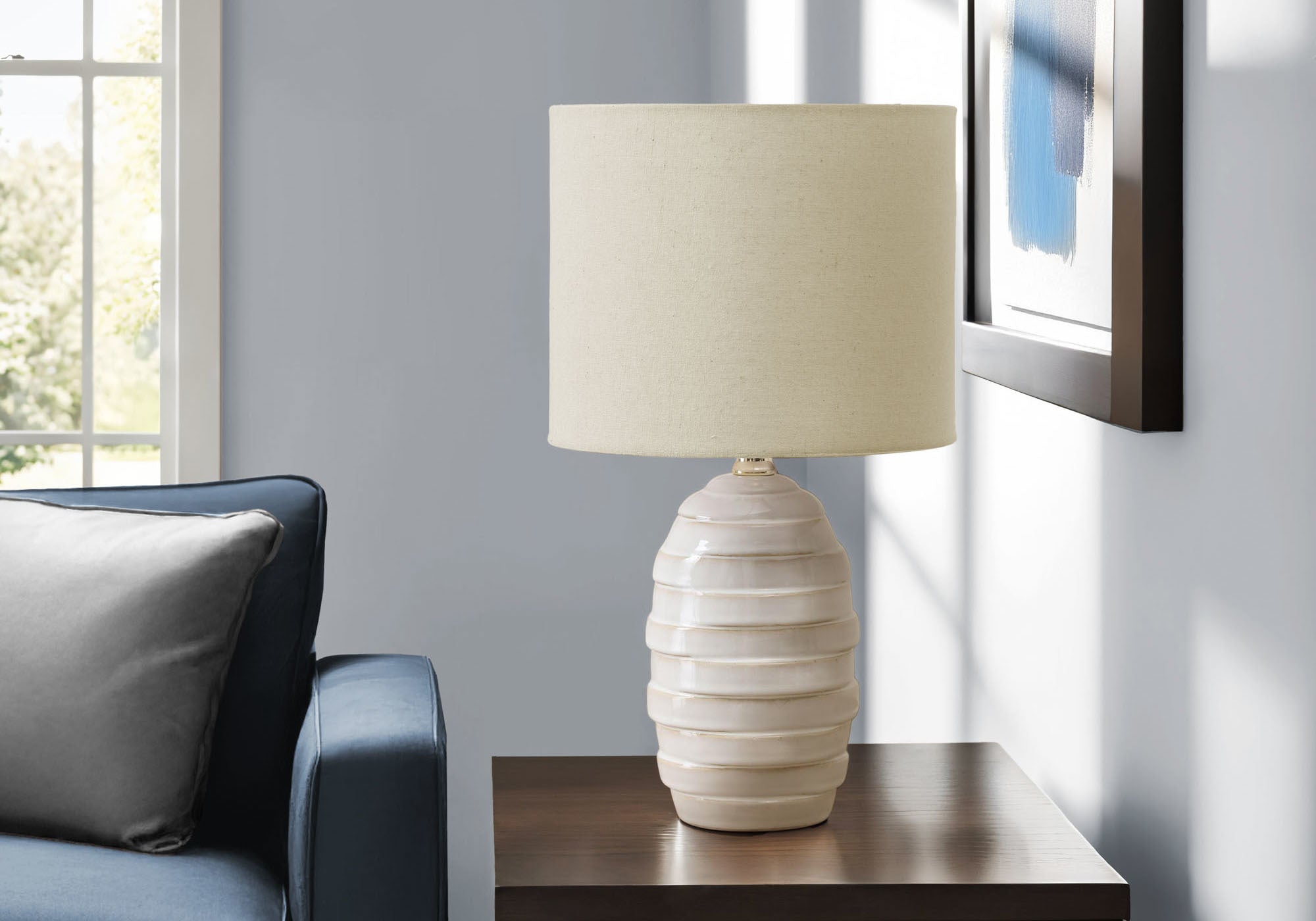 I 9789 - Luminaire, 17''H, Lampe De Table, Céramique Ivoire, Abat-jour Beige, Contemporain, Moderne - Simple Boutique