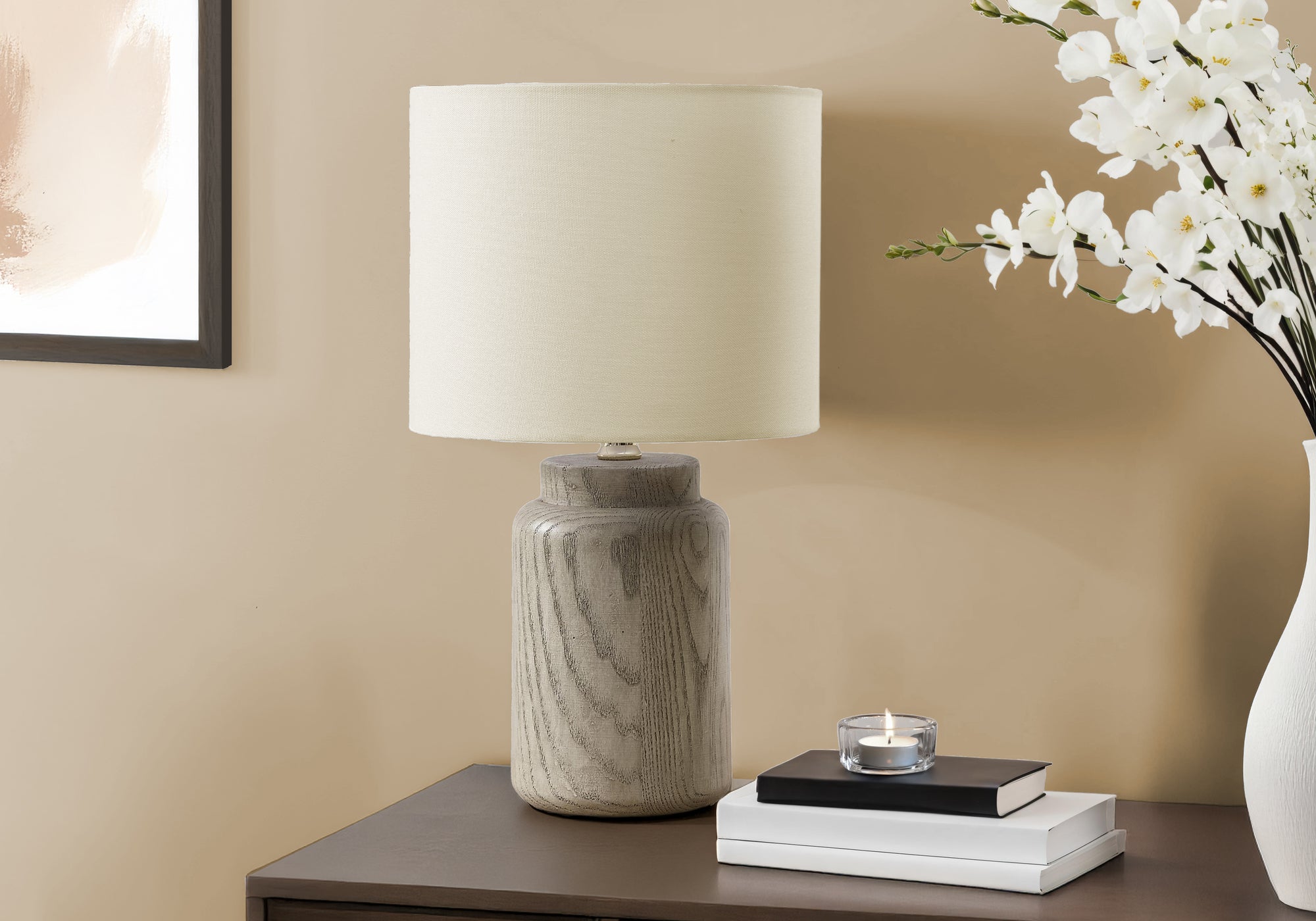 I 9795 - Luminaire, 17''H, Lampe De Table, Résine Taupe, Abat-jour Ivoire / Crème - Simple Boutique