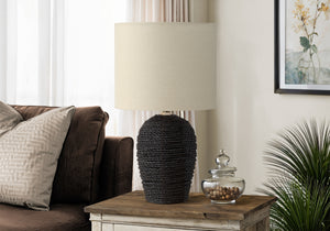 I 9853 - Luminaire, 17''H, Lampe De Table, Rotin Noir, Abat-jour Beige, Transitionnel - Simple Boutique