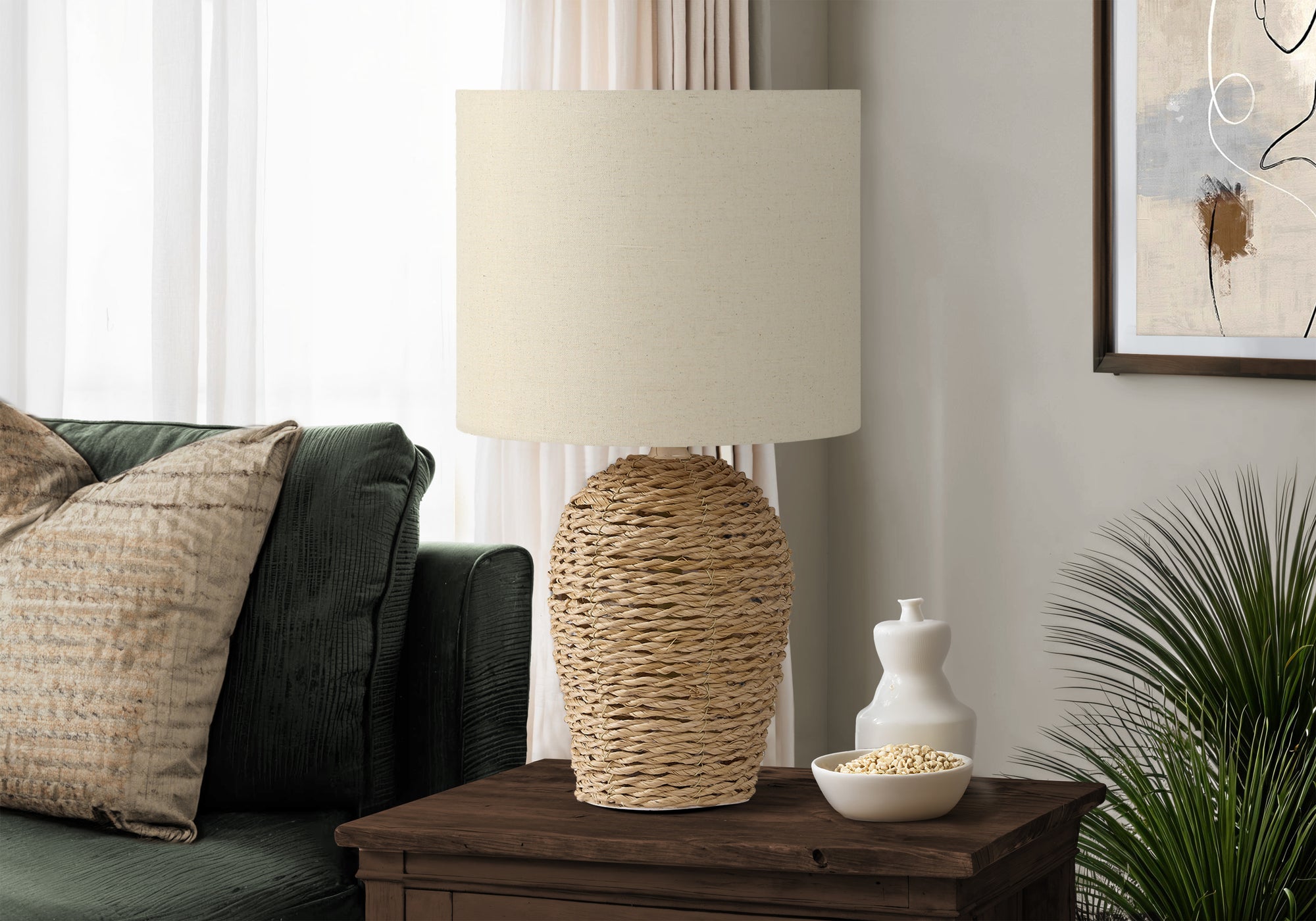I 9854 - Luminaire, 17''H, Lampe De Table, Rotin Naturel, Abat-jour Beige, Transitionnel - Simple Boutique