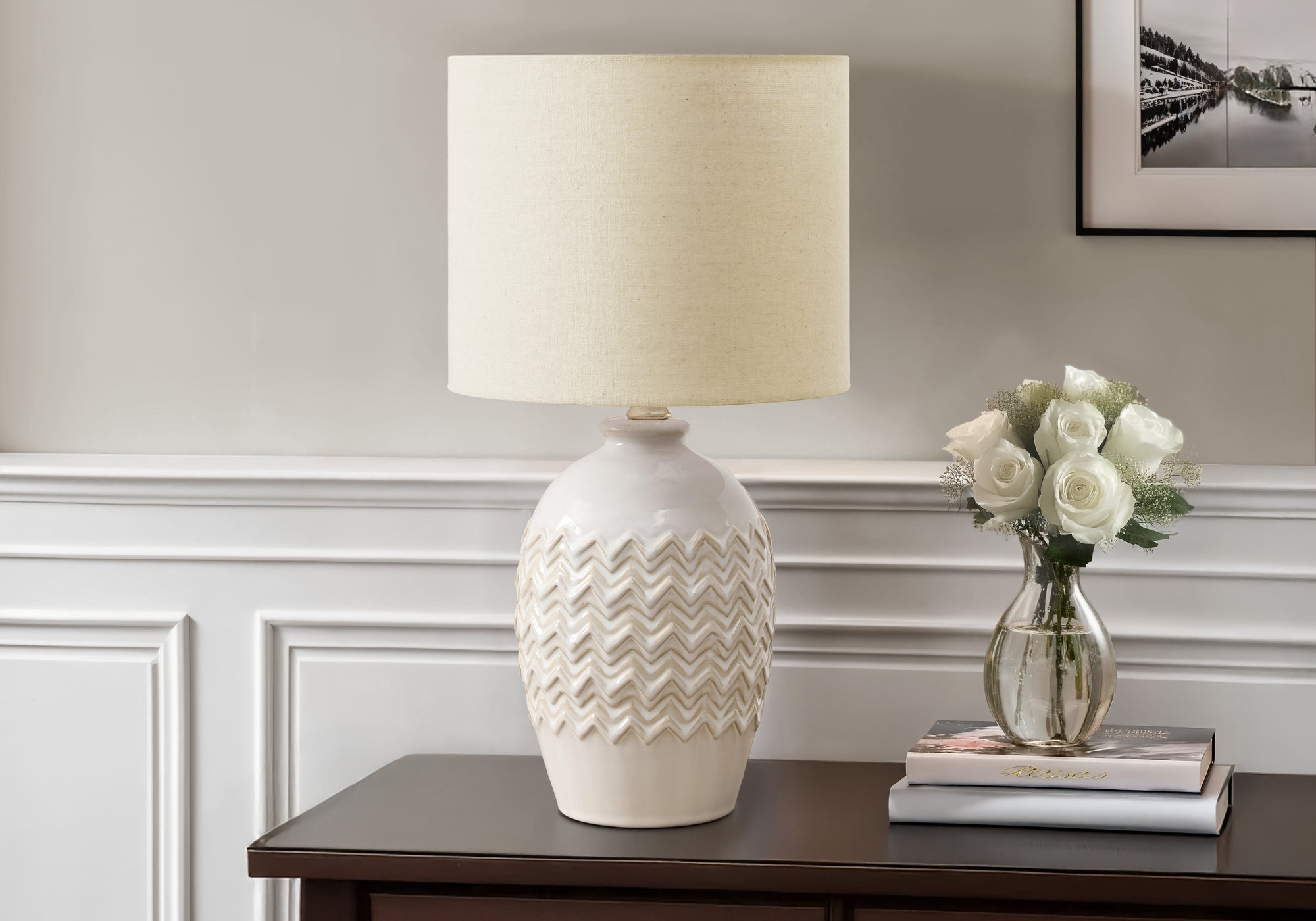 I 9859 - Luminaire, Lampe De Table, 19''H, Céramique Ivoire, Abat-jour Ivoire / Crème, Transitionnel - Simple Boutique