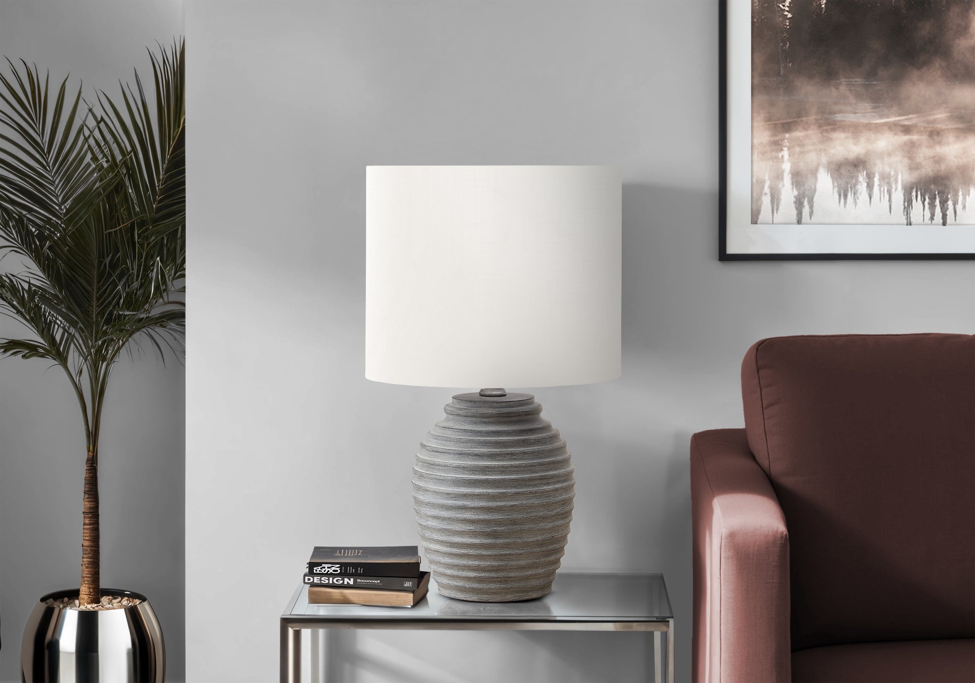 I 9864 - Luminaire, 17''H, Lampe De Table, Résine Grise, Abat-jour Ivoire / Crème, Contemporain - Simple Boutique