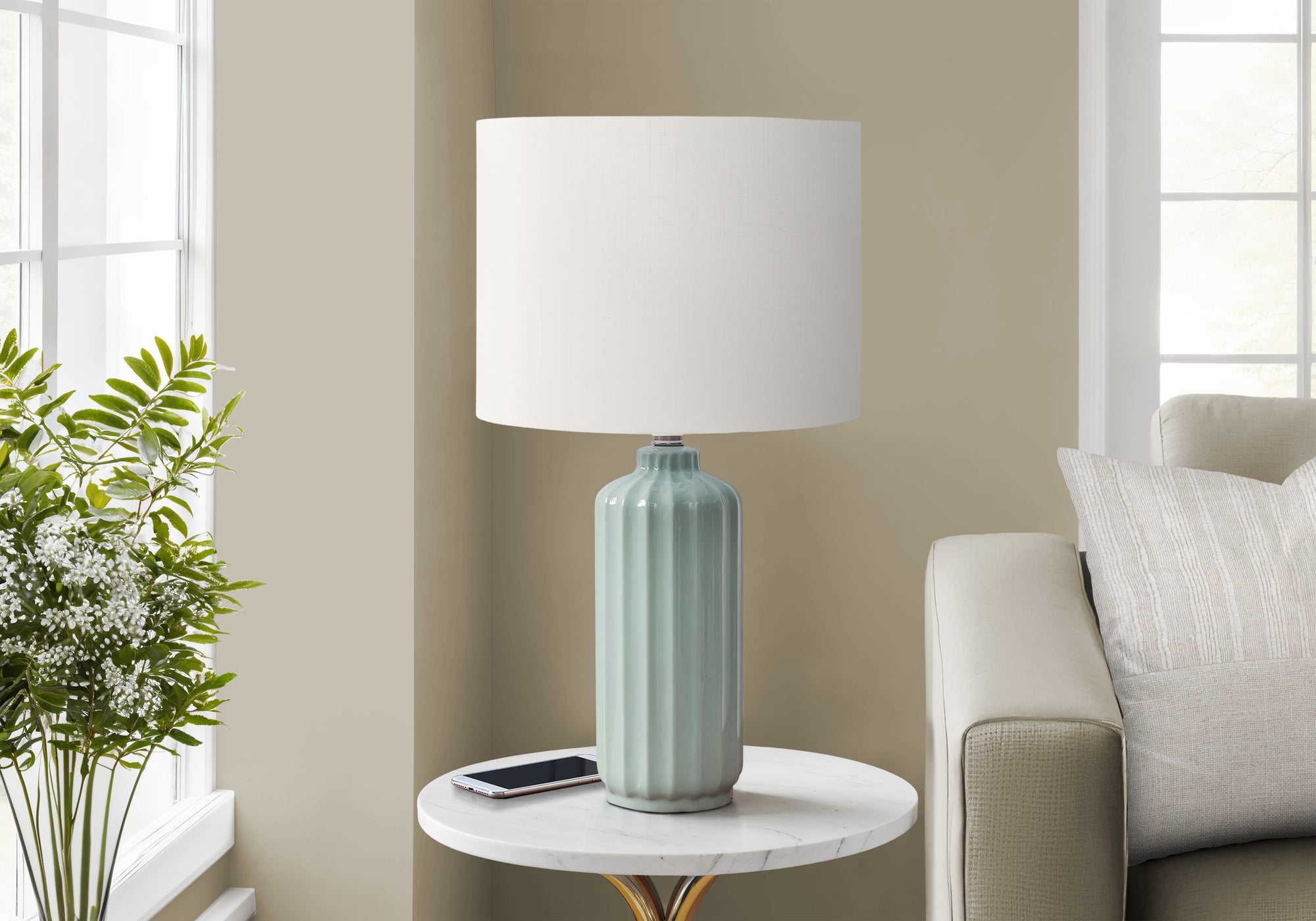 I 9872 - Luminaire, 23''H, Lampe De Table, Abat-jour Ivoire / Crème, Céramique Verte, Contemporain, Moderne - Simple Boutique