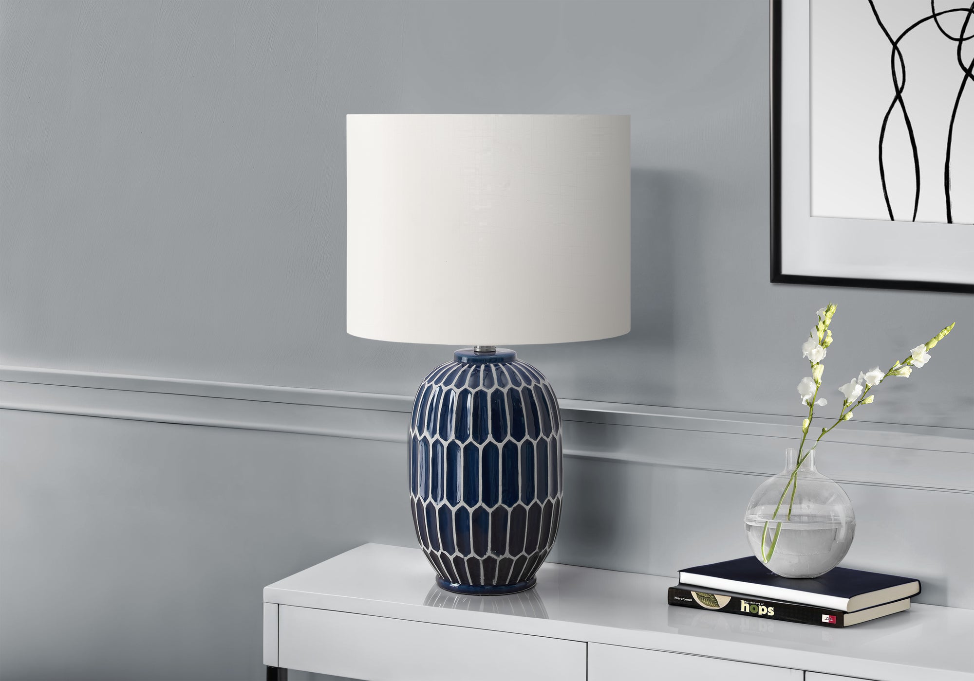 I 9876 - Luminaire, 22''H, Lampe De Table, Céramique Bleue, Abat-jour Ivoire / Crème, Contemporain, Moderne - Simple Boutique